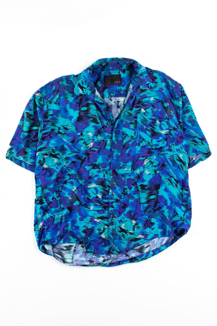 Vintage Blue Abstract Distressed Button Up Shirt