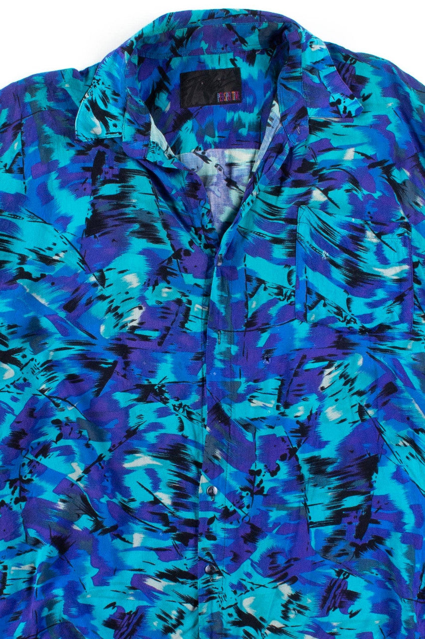 Vintage Blue Abstract Distressed Button Up Shirt