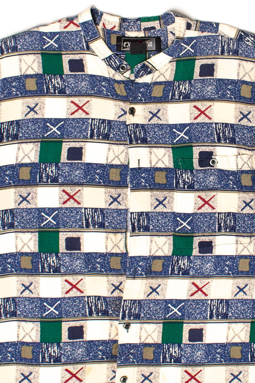 Vintage Banded Collar Xs & Squares Button Up Shirt