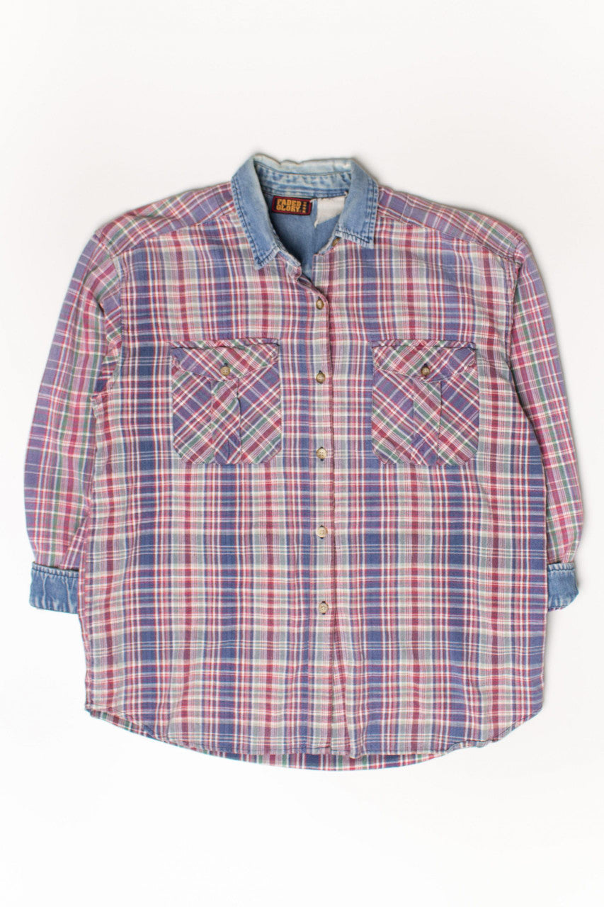 Vintage Purple Plaid Denim Trimmed Button Up Shirt