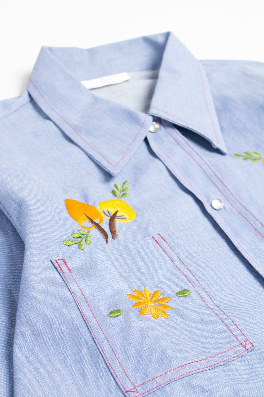 Vintage Embroidered Mushrooms Chambray Button Up Shirt