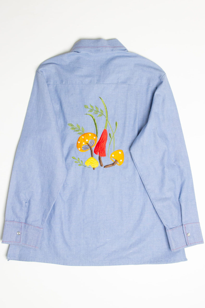 Vintage Embroidered Mushrooms Chambray Button Up Shirt