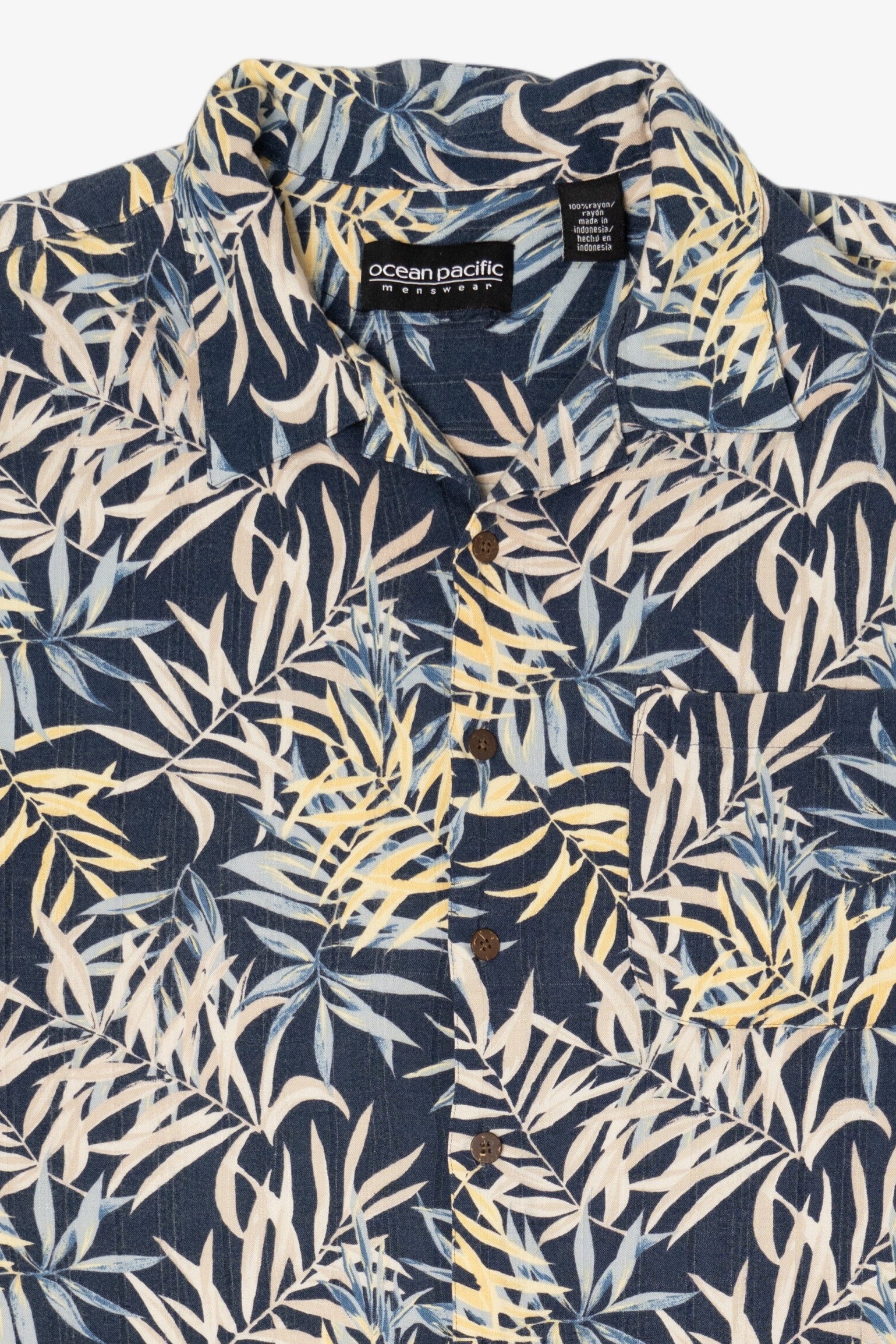 Vintage Navy Blue Ocean Pacific Hawaiian Button Up Shirt (1990s)