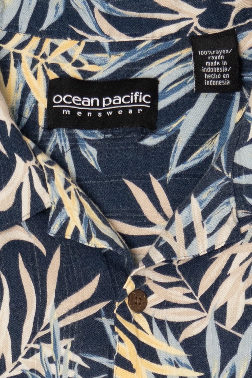Vintage Navy Blue Ocean Pacific Hawaiian Button Up Shirt (1990s)