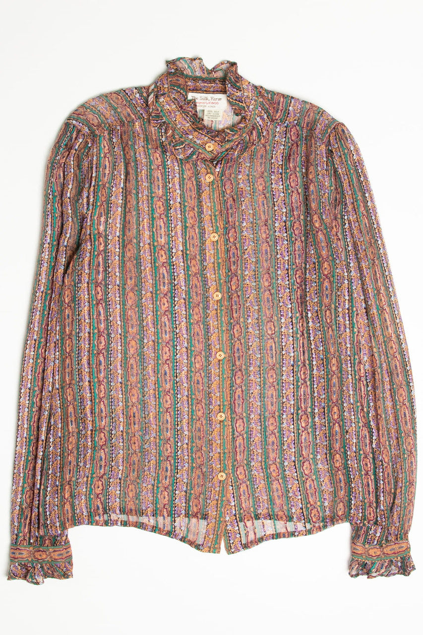 Vintage Silk Ruffle Trim Button Up Shirt
