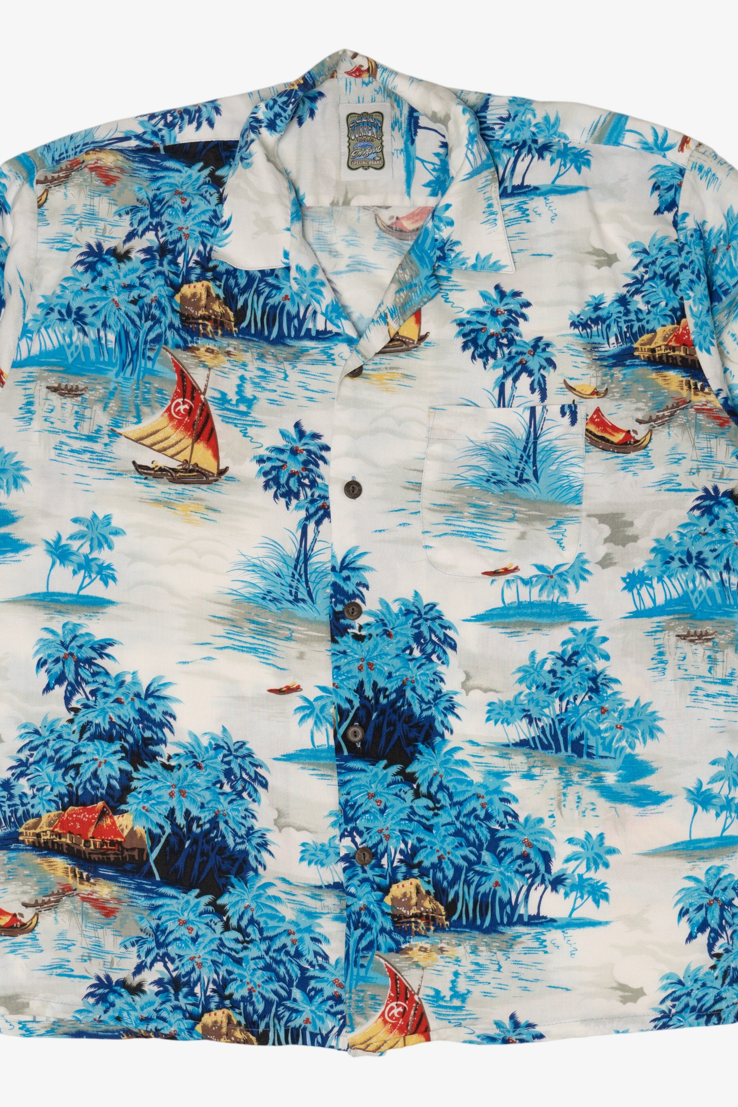 Vintage Blue Ocean Current Hawaiian Button Up Shirt (1990s)