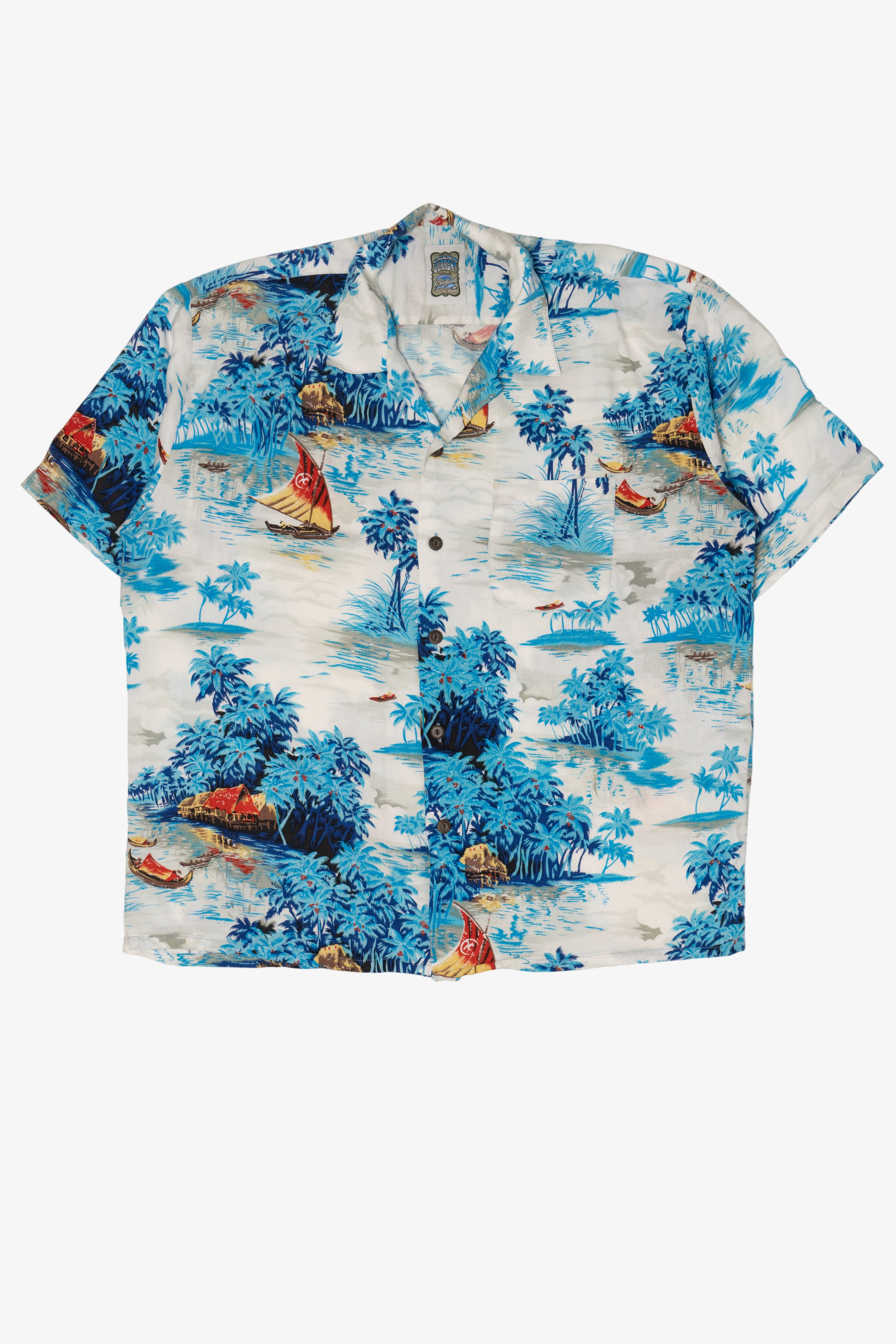 Vintage Blue Ocean Current Hawaiian Button Up Shirt (1990s)