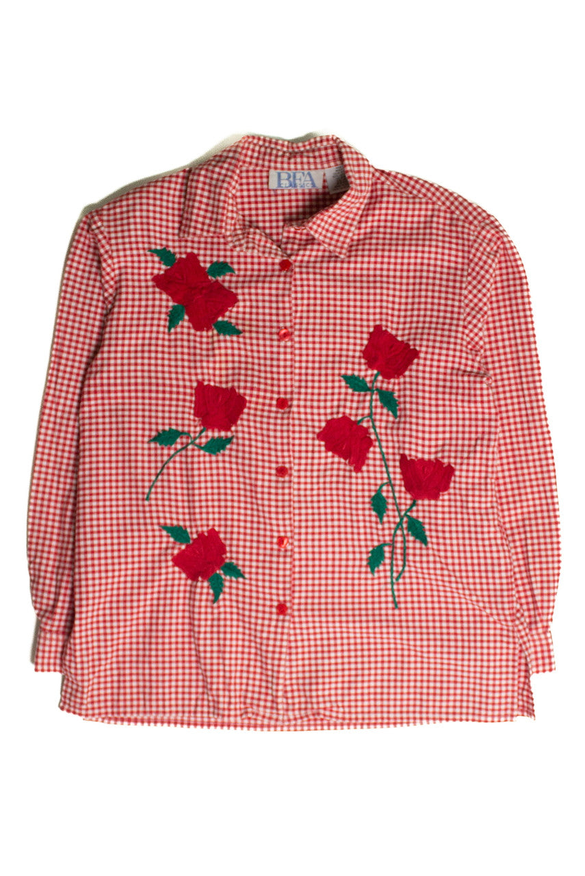Vintage Embroidered Roses Gingham Button Up Shirt (sz. Medium)