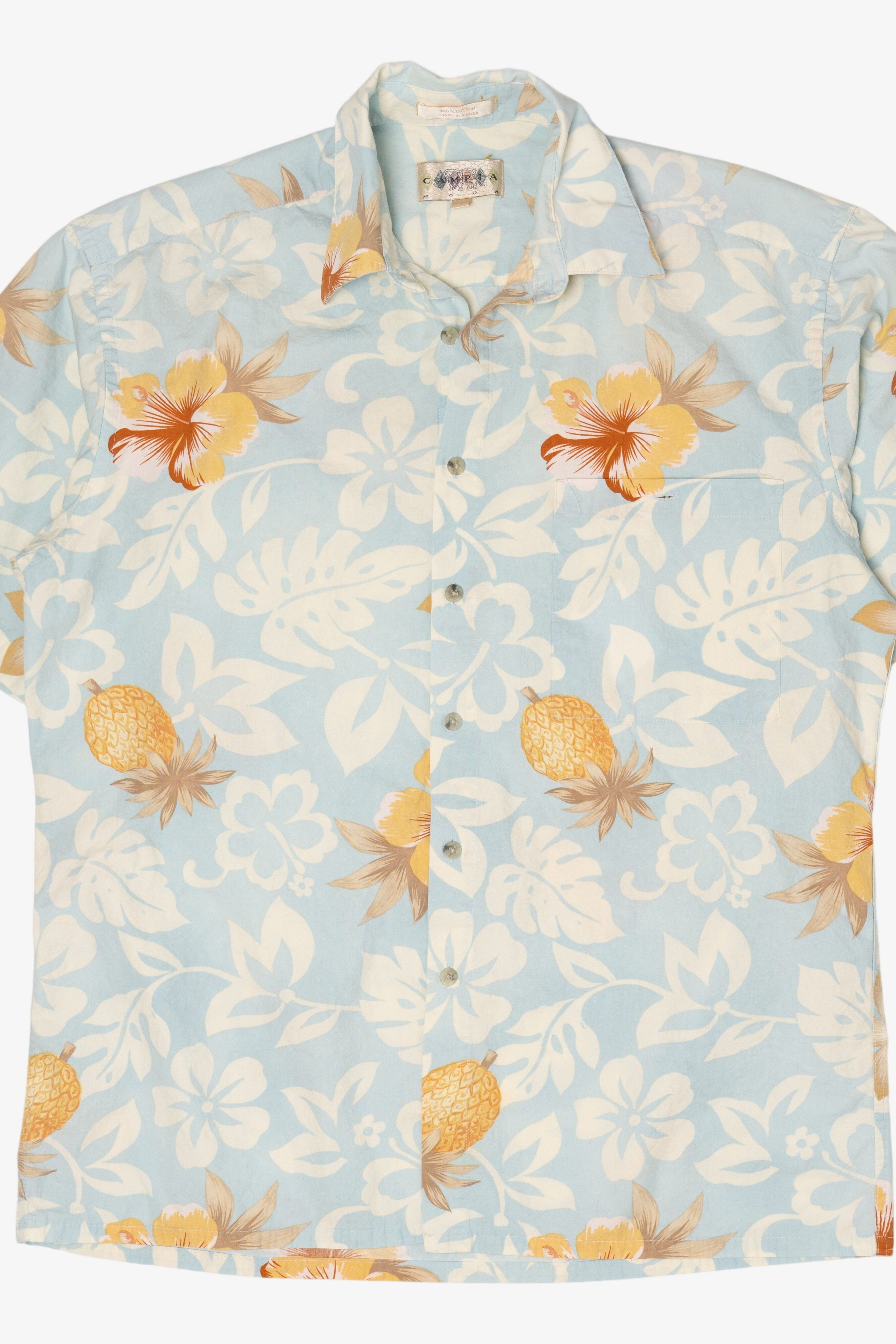 Vintage Light Blue Campia Moda Flowers And Pineapples Hawaiian Button Up Shirt (2000s)