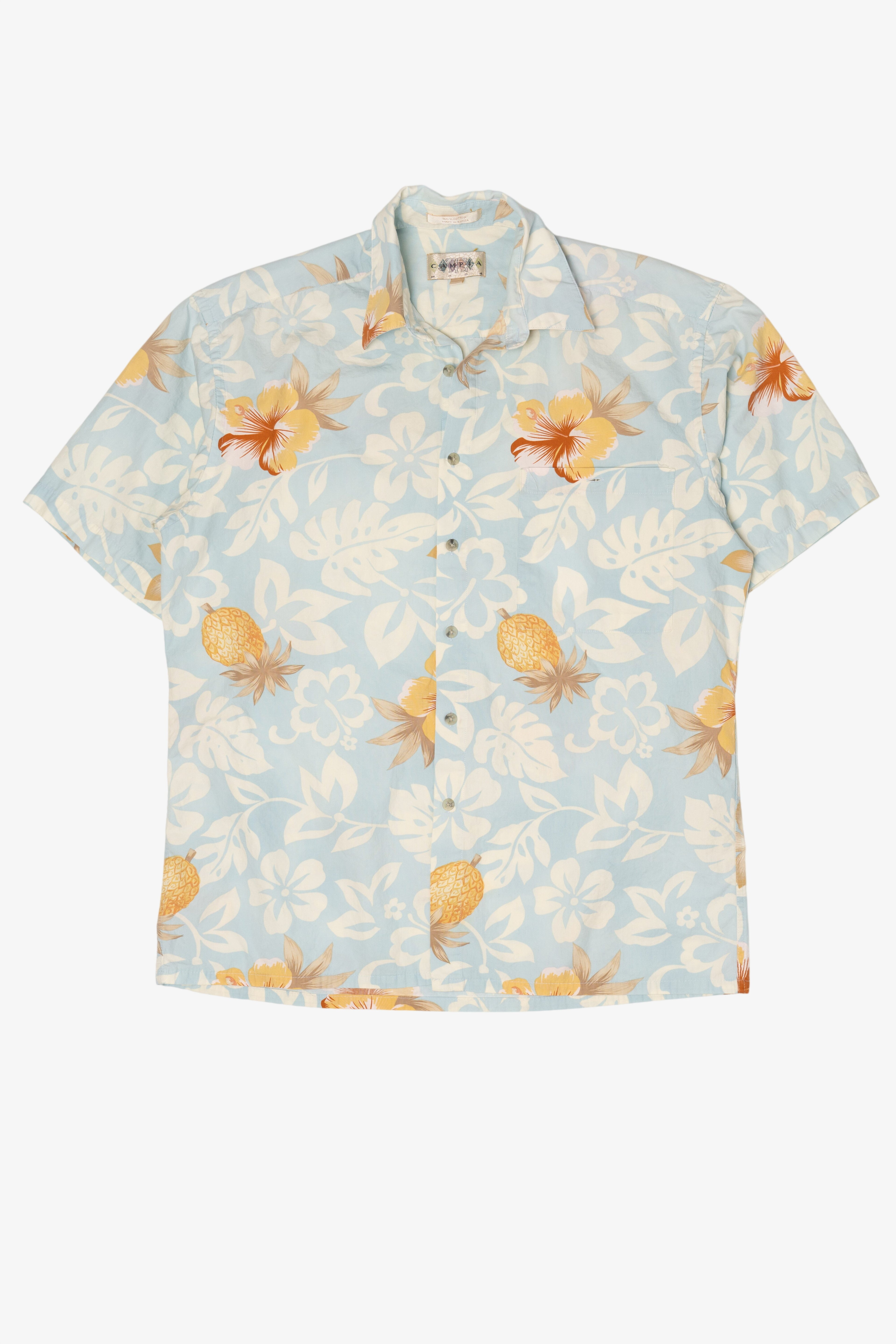 Vintage Light Blue Campia Moda Flowers And Pineapples Hawaiian Button Up Shirt (2000s)