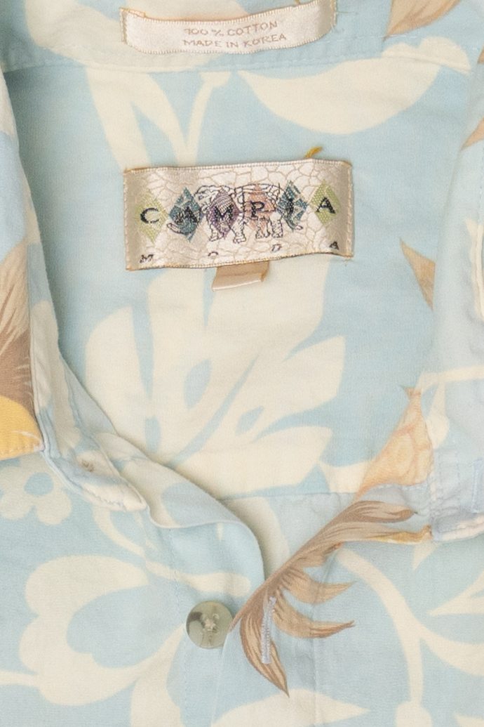 Vintage Light Blue Campia Moda Flowers And Pineapples Hawaiian Button Up Shirt (2000s)