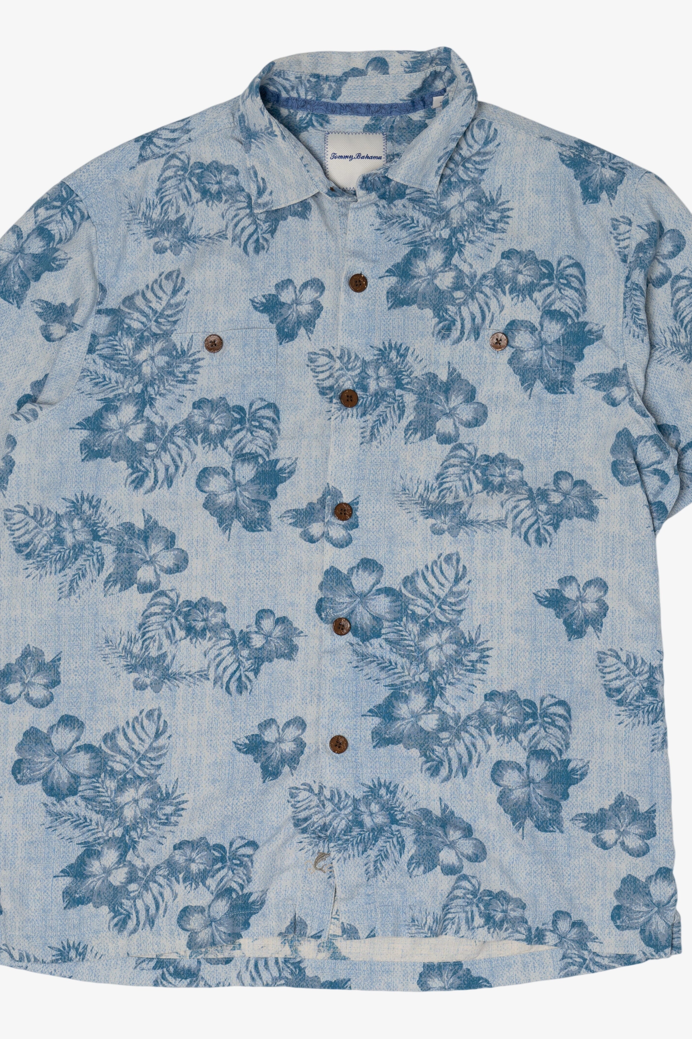 Vintage Blue Tommy Bahama Silk Hawaiian Button Up Shirt (2000s)