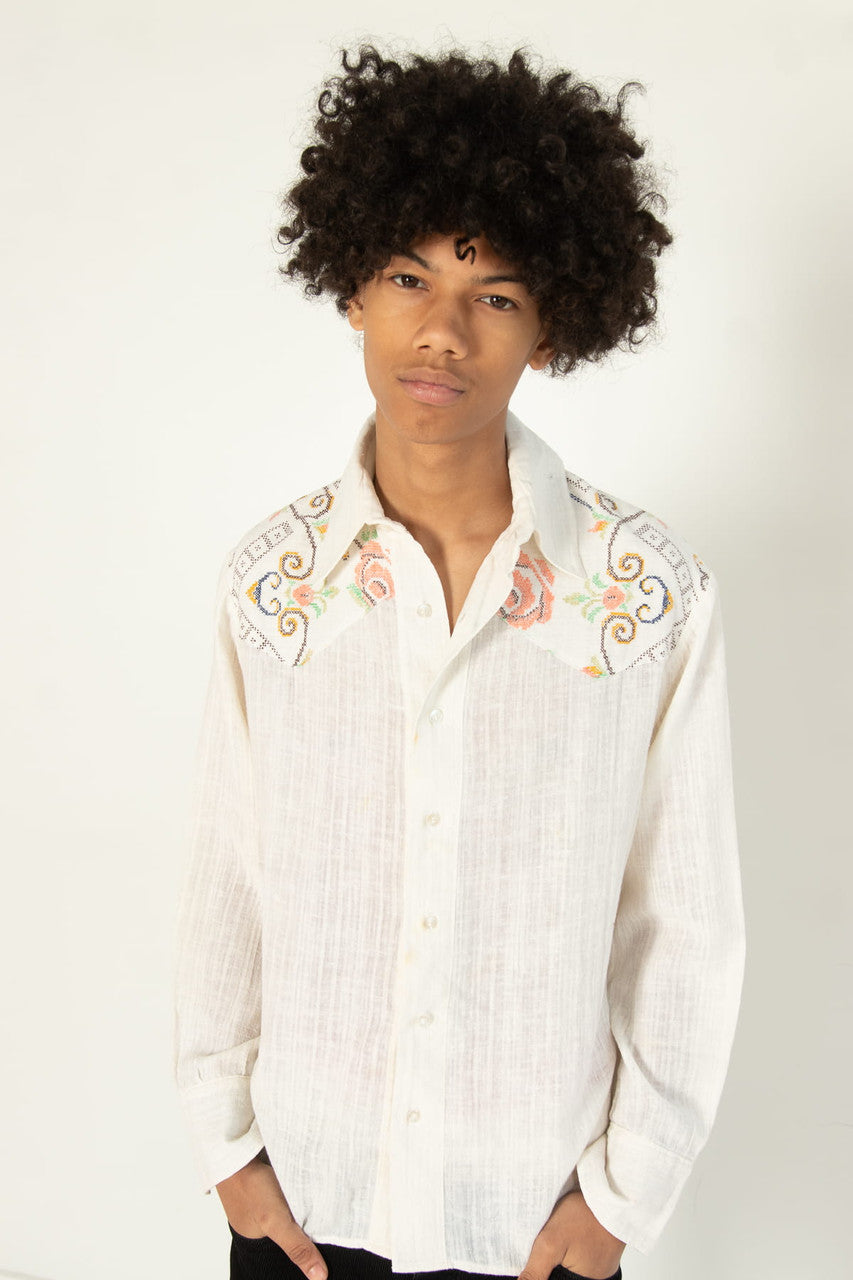 Vintage Crosshatch Floral Button Up Shirt (1970s)