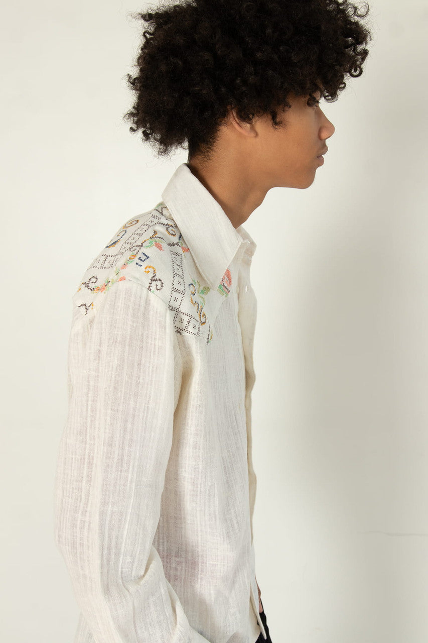 Vintage Crosshatch Floral Button Up Shirt (1970s)