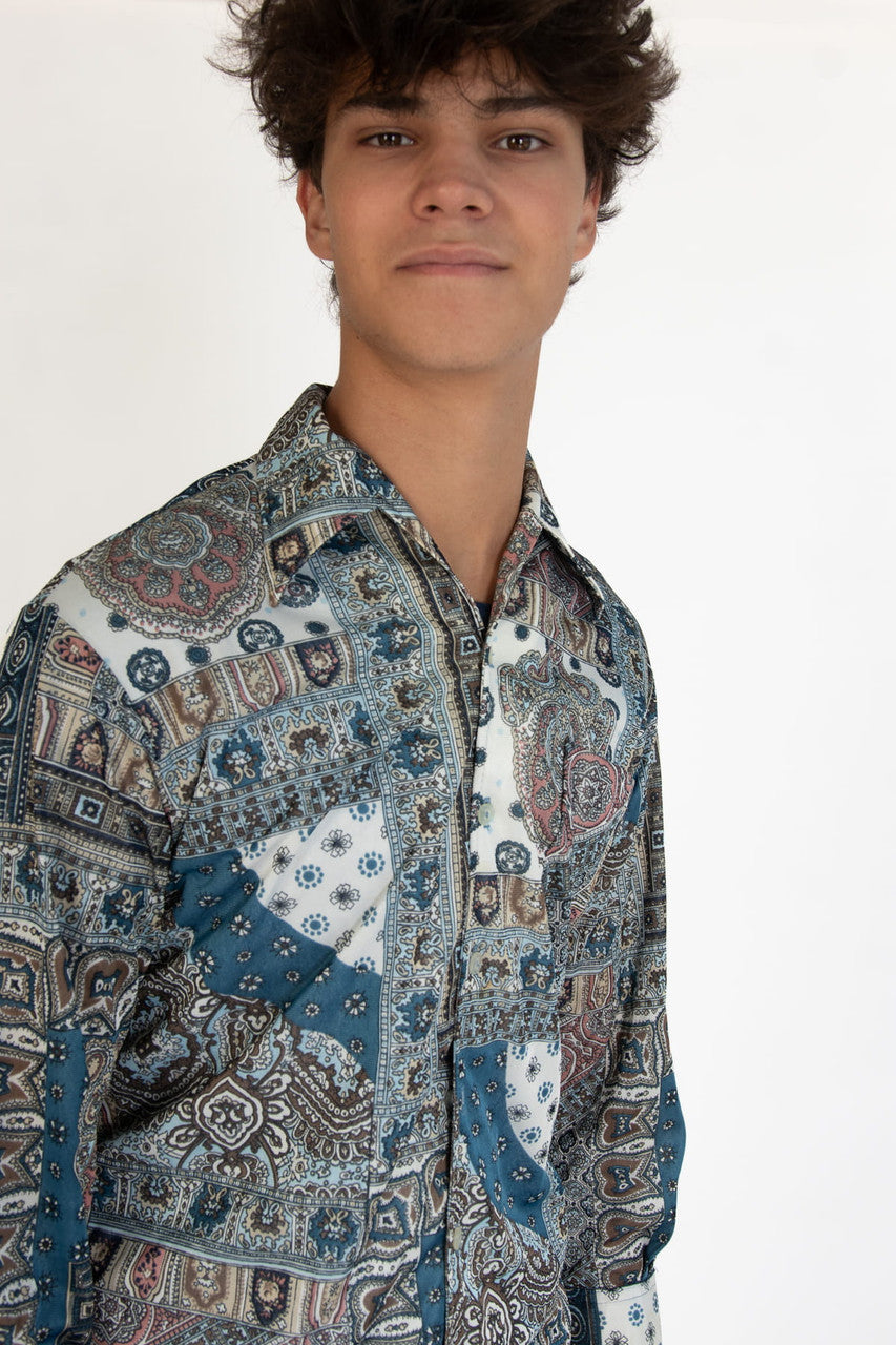 Vintage Blue Patchwork Button Up Shirt (1990s)