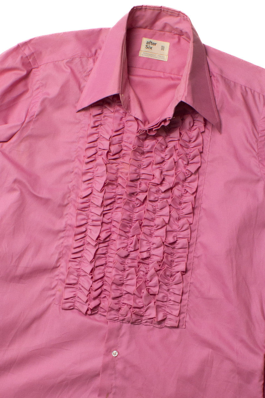 Vintage Pink Ruffled Tuxedo Button Up Shirt (1970s)