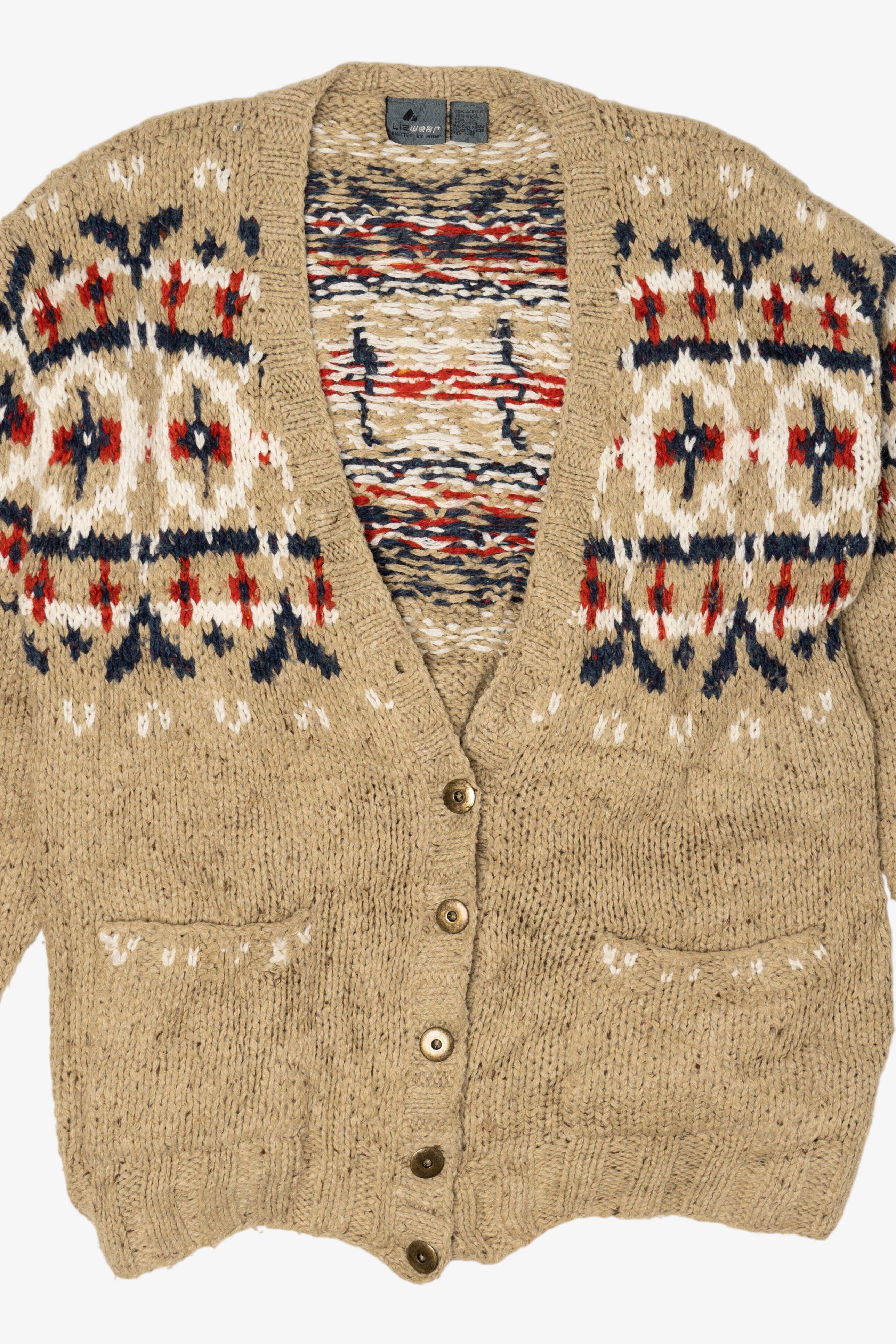 Vintage Hand Knit Beige Lizwear Cardigan Sweater (1990s)