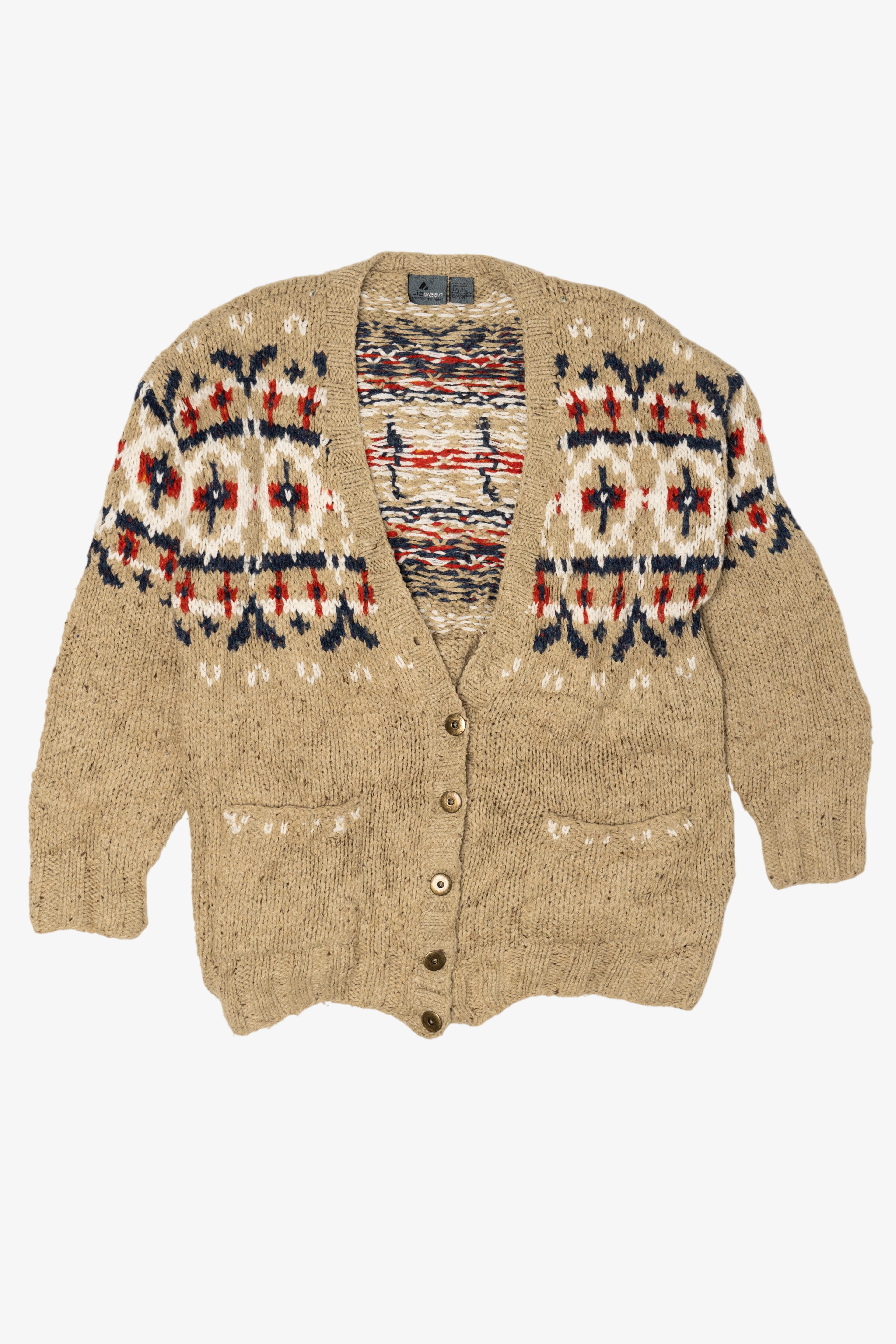 Vintage Hand Knit Beige Lizwear Cardigan Sweater (1990s)