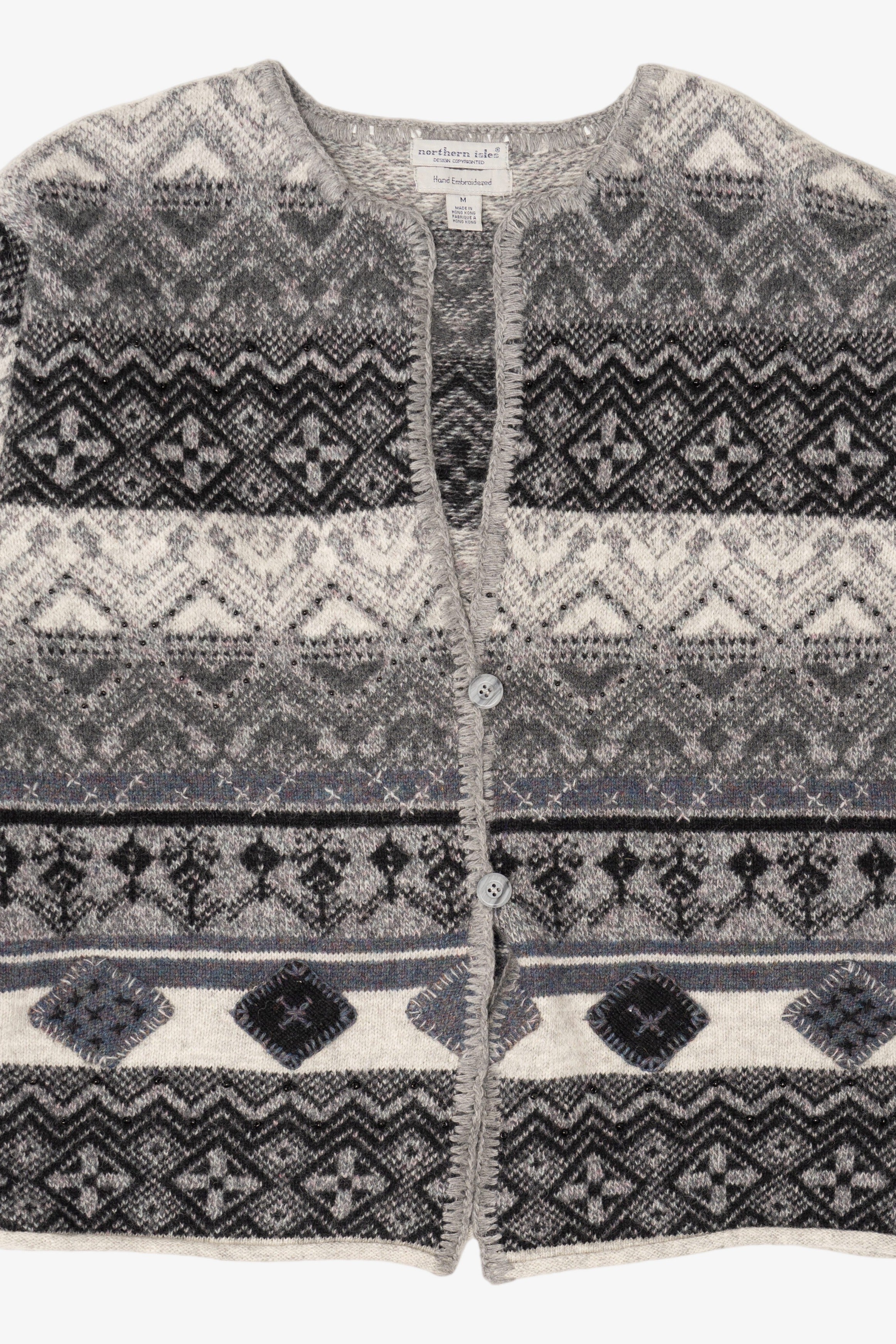 Vintage Hand Embroidered Gray Northern Isles Cardigan Sweater (1990s)