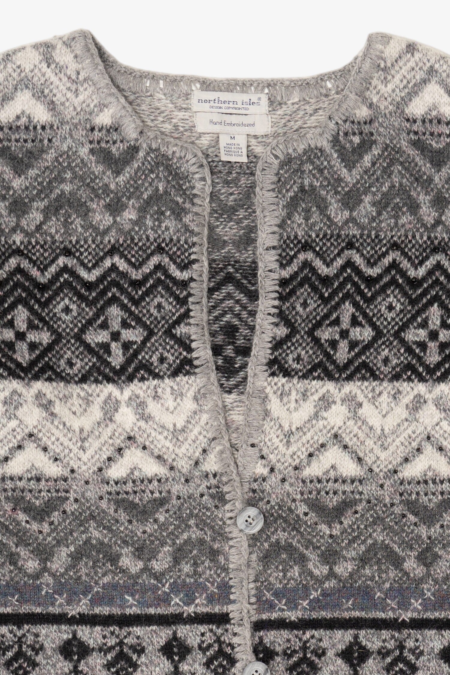 Vintage Hand Embroidered Gray Northern Isles Cardigan Sweater (1990s)