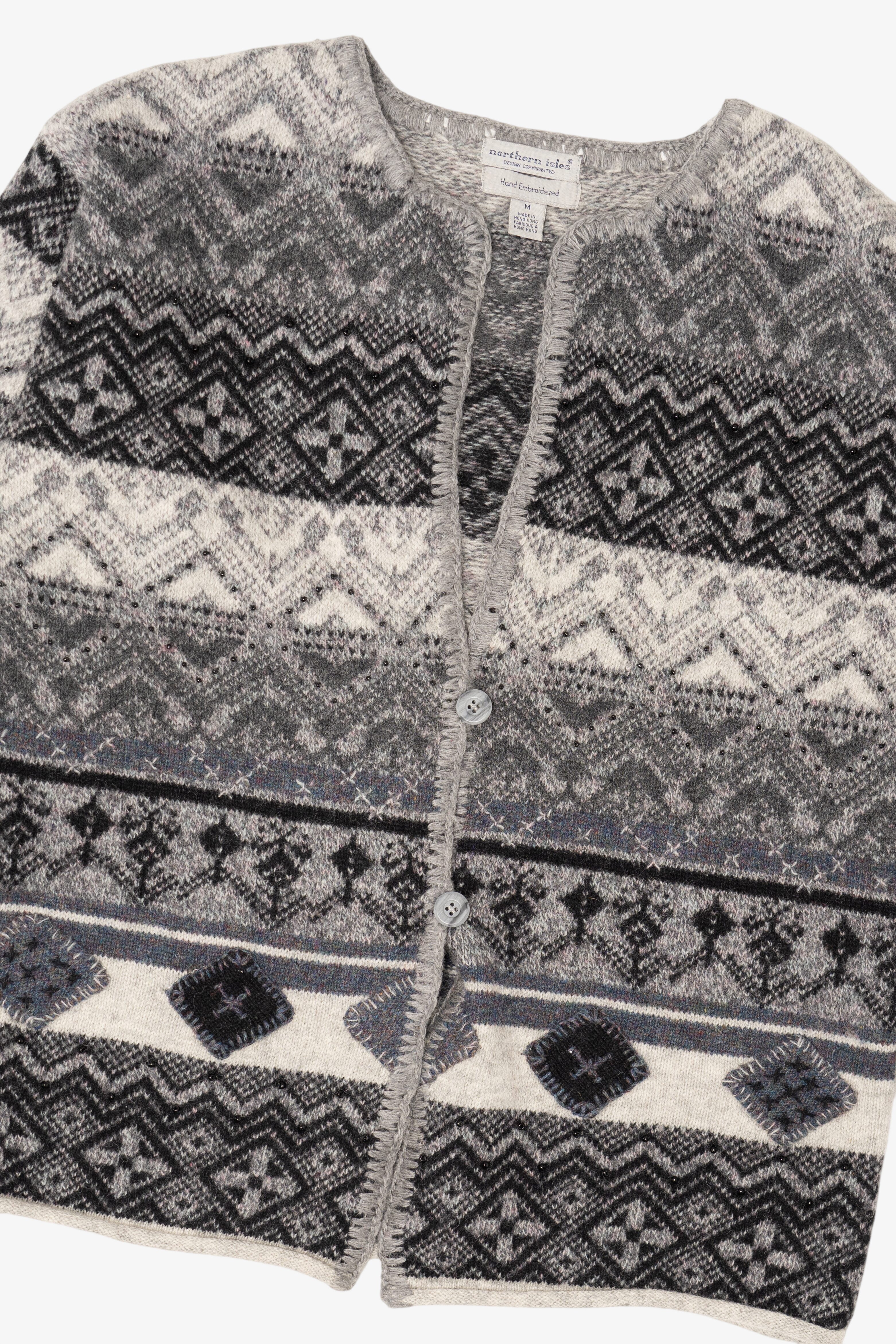 Vintage Hand Embroidered Gray Northern Isles Cardigan Sweater (1990s)