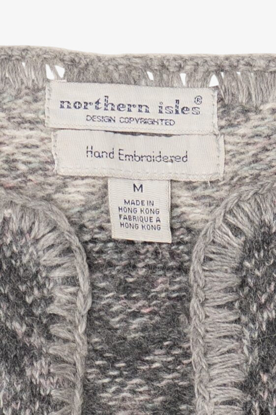 Vintage Hand Embroidered Gray Northern Isles Cardigan Sweater (1990s)