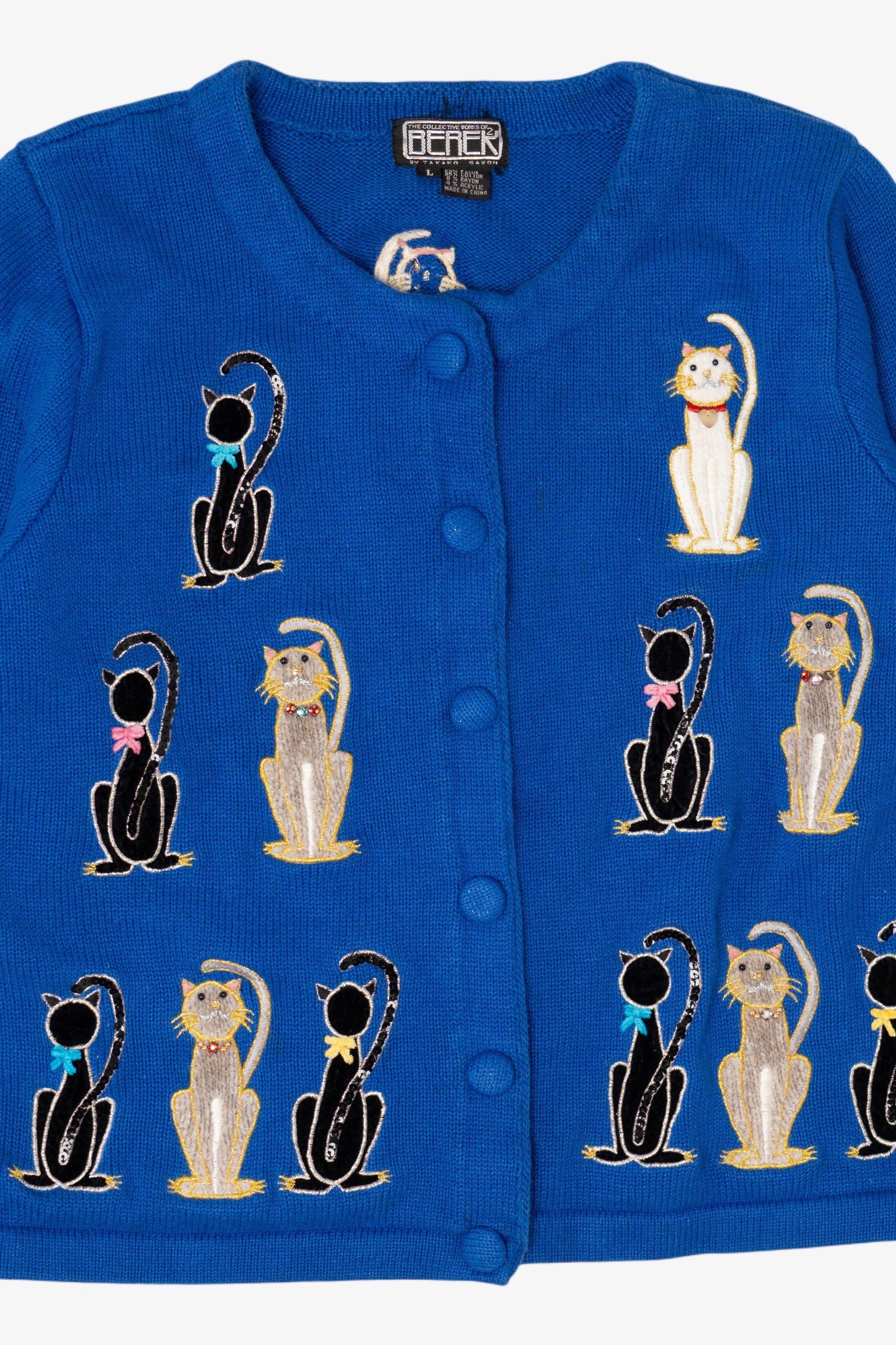 Vintage Blue Berek Cats Cardigan Sweater (1990s)