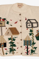 Vintage Beige Woolrich Birdhouses Cardigan Sweater (1990s)