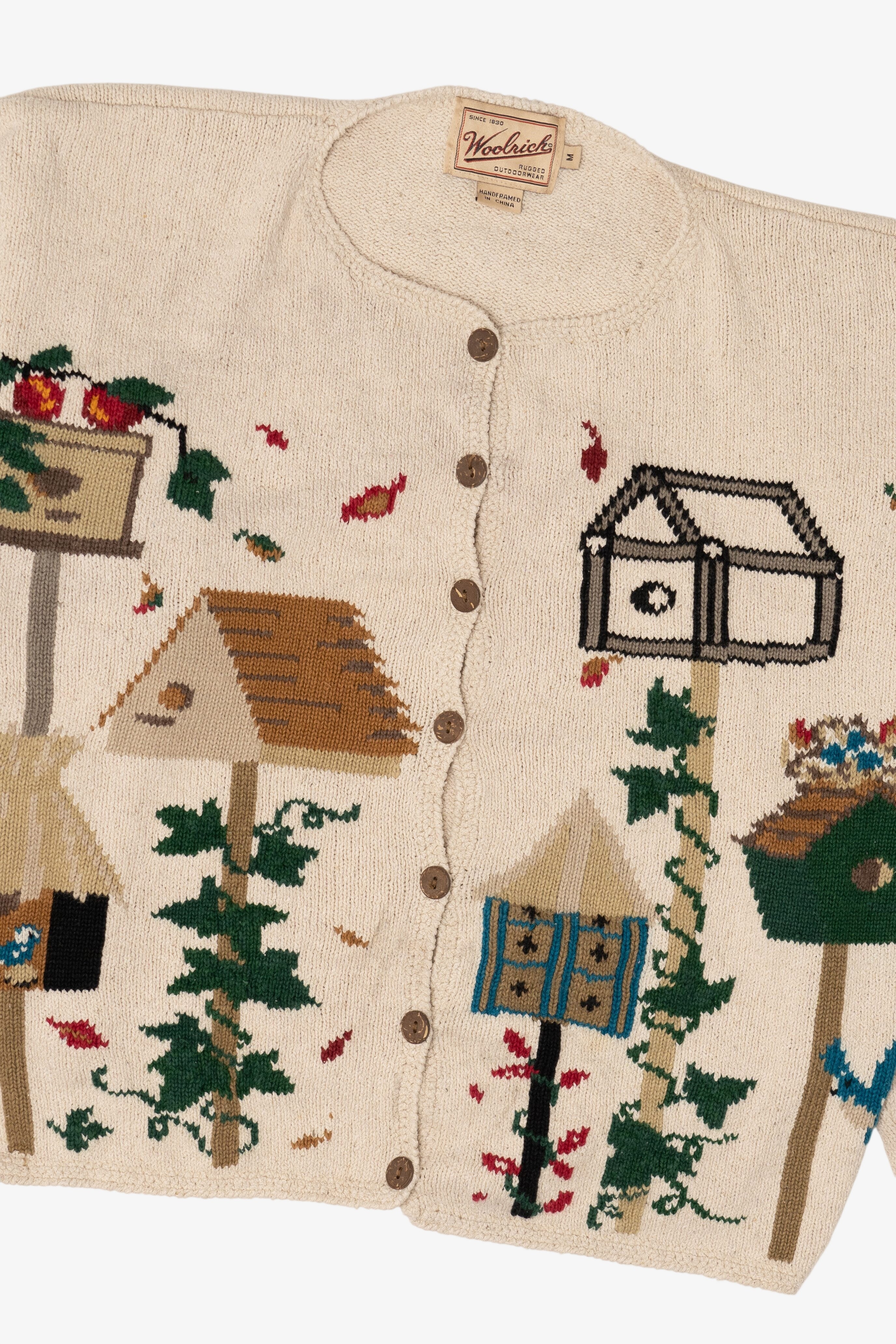 Vintage Beige Woolrich Birdhouses Cardigan Sweater (1990s)