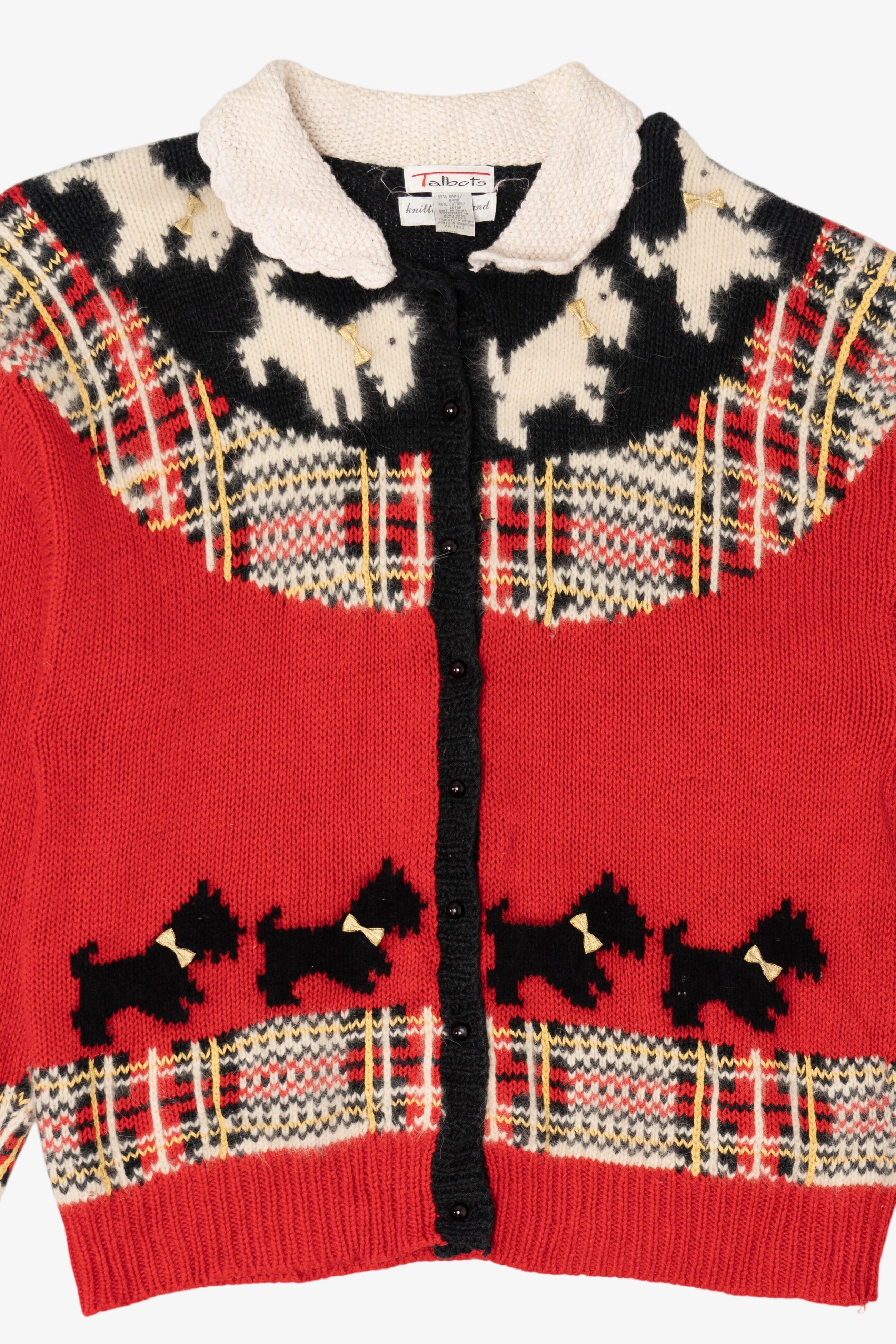 Vintage Hand Knit Red Talbots Scottie Dogs Cardigan Sweater (1990s)