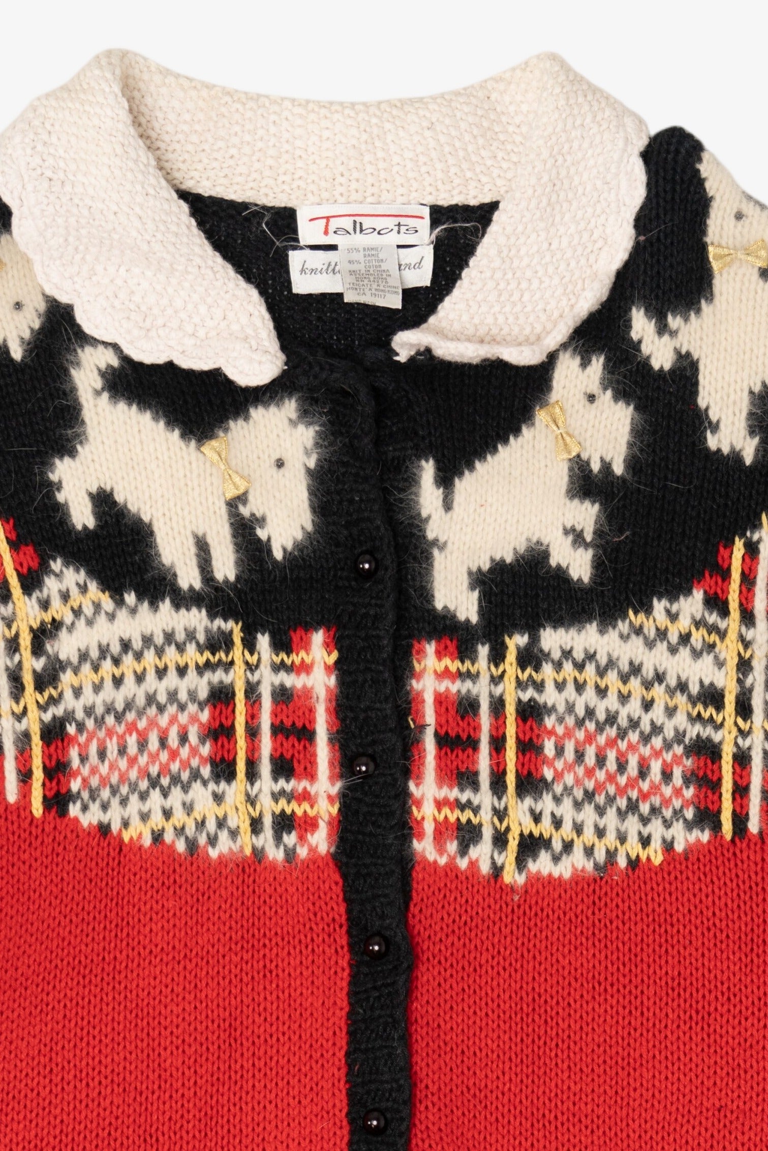 Vintage Hand Knit Red Talbots Scottie Dogs Cardigan Sweater (1990s)