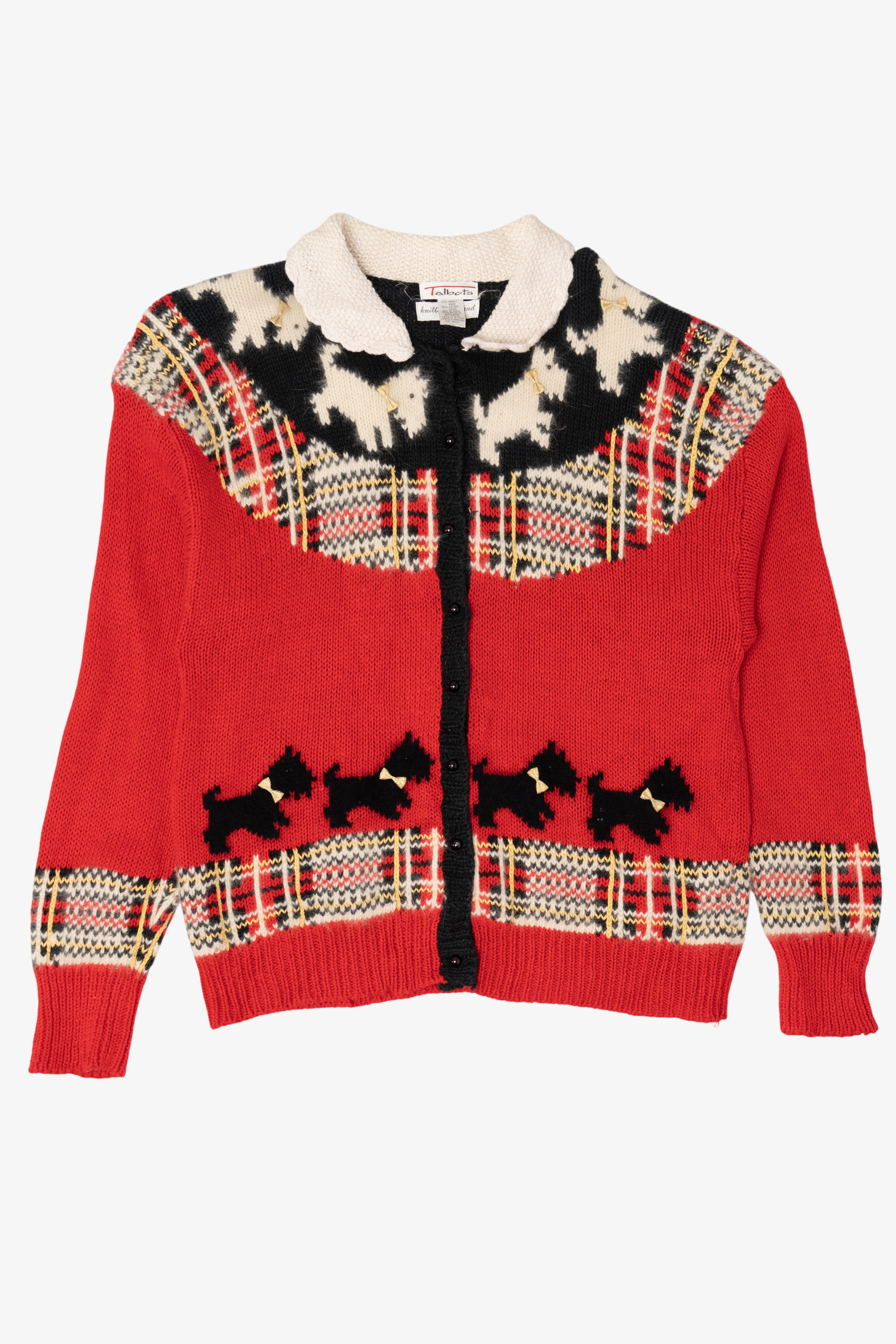 Vintage Hand Knit Red Talbots Scottie Dogs Cardigan Sweater (1990s)