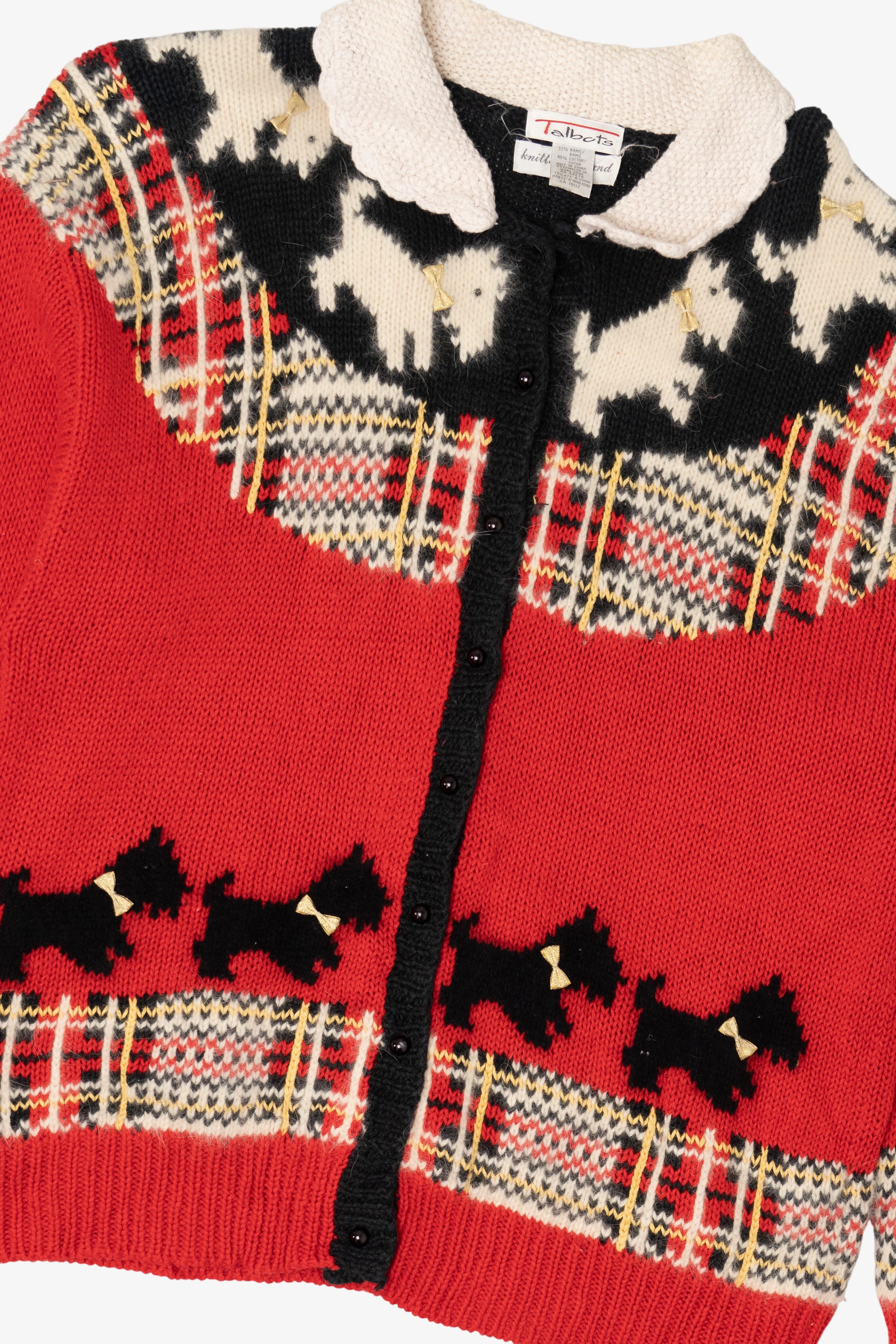 Vintage Hand Knit Red Talbots Scottie Dogs Cardigan Sweater (1990s)