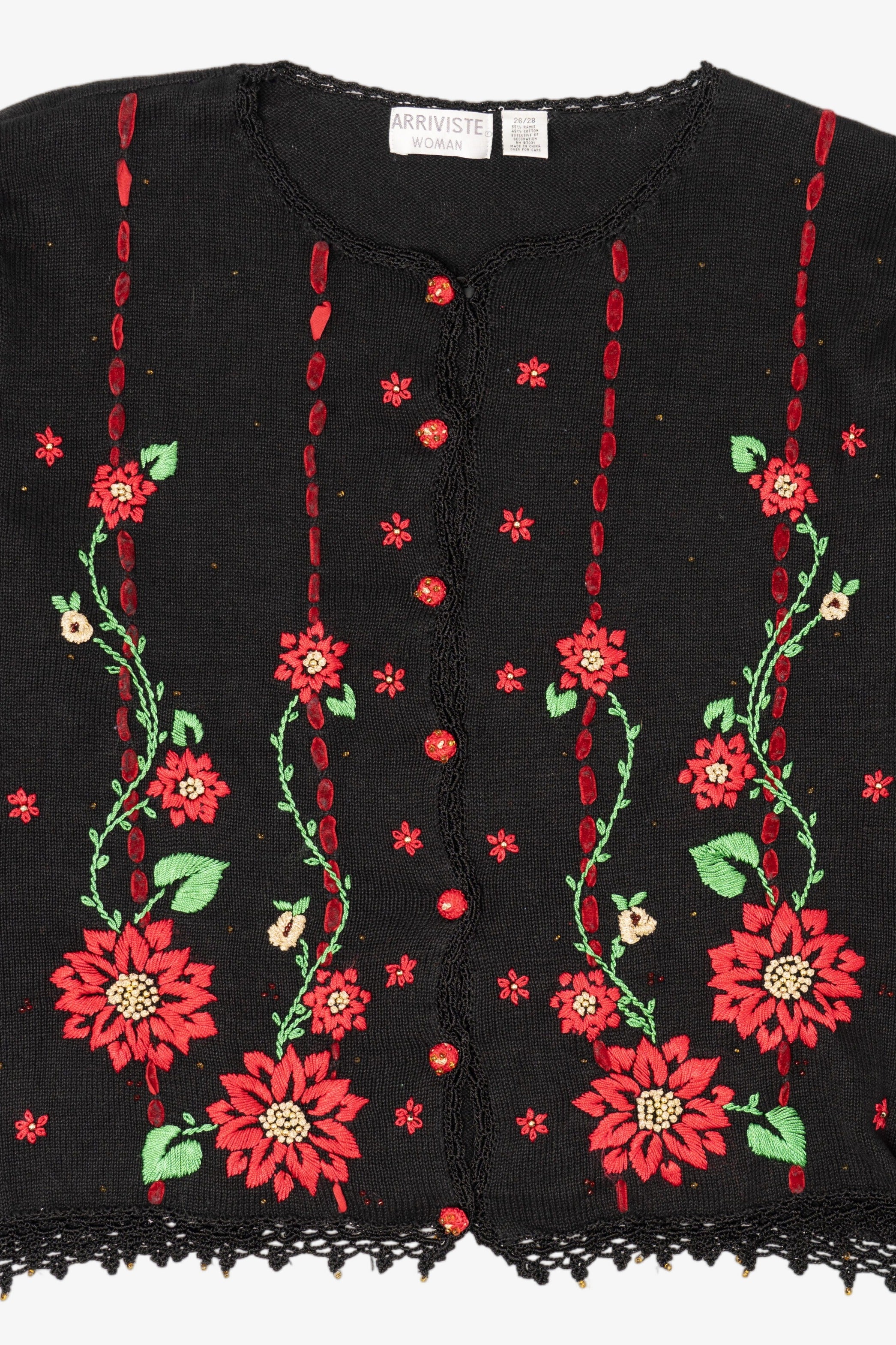 Vintage Black Arriviste Poinsettias Ugly Christmas Cardigan (1990s)