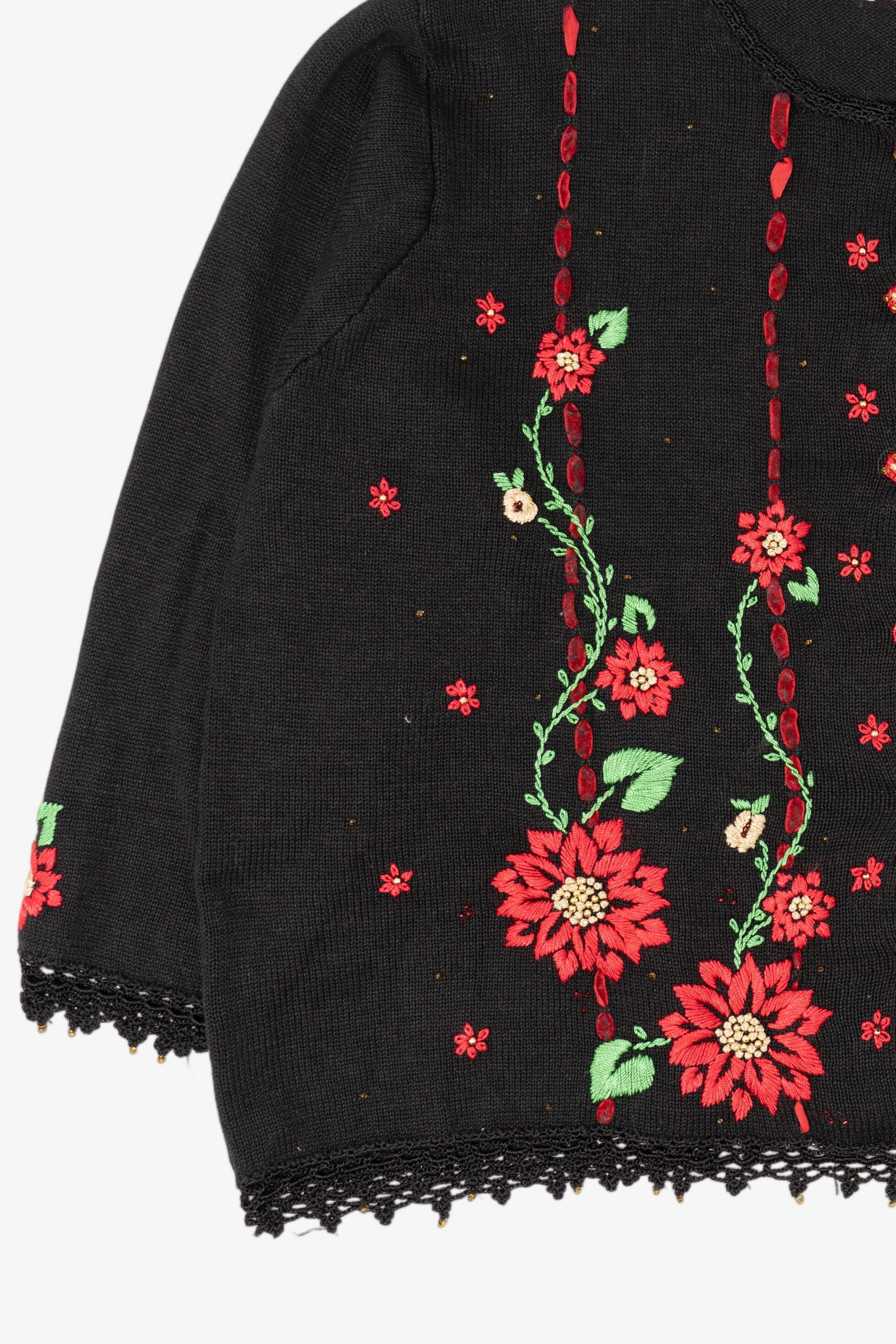 Vintage Black Arriviste Poinsettias Ugly Christmas Cardigan (1990s)