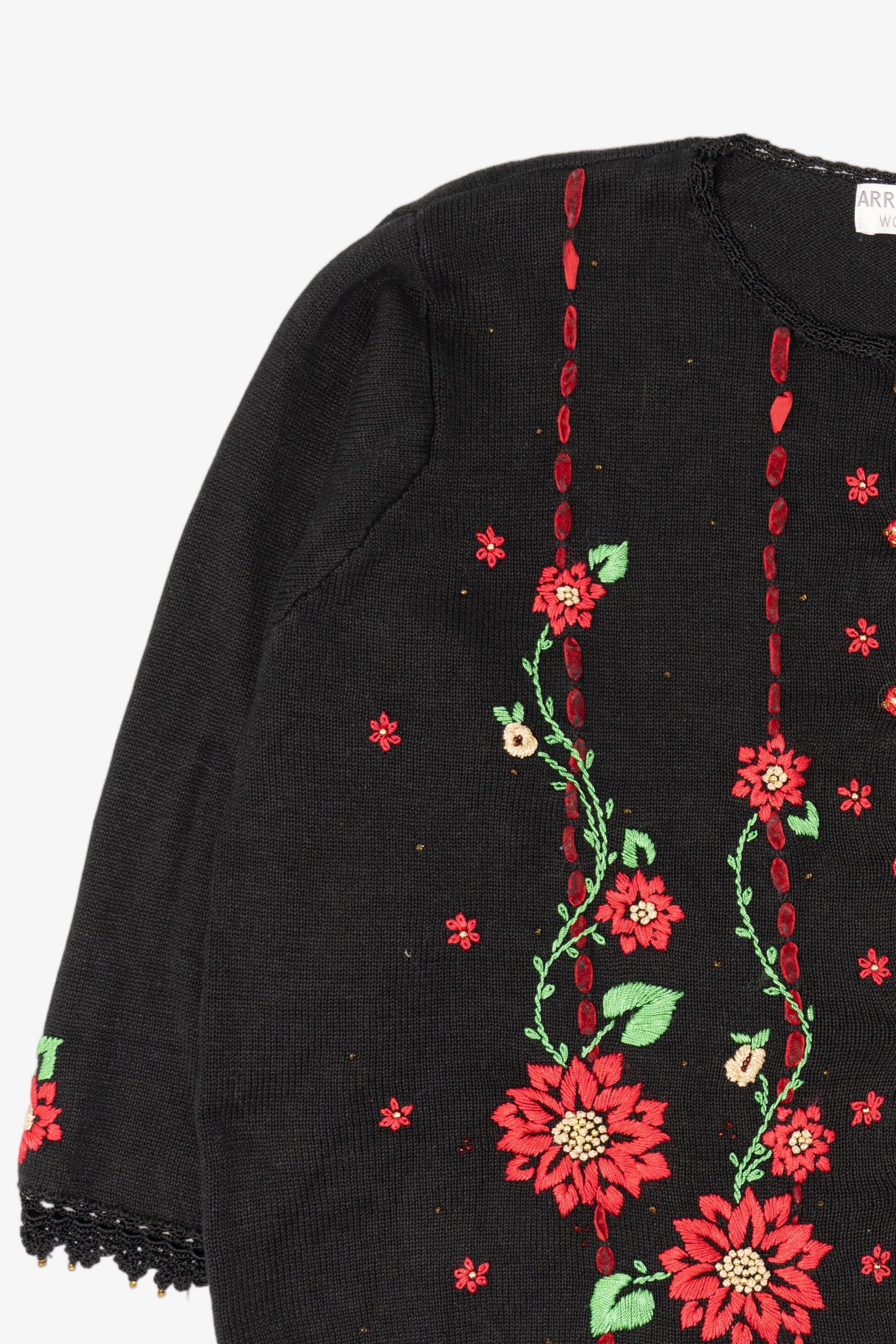 Vintage Black Arriviste Poinsettias Ugly Christmas Cardigan (1990s)