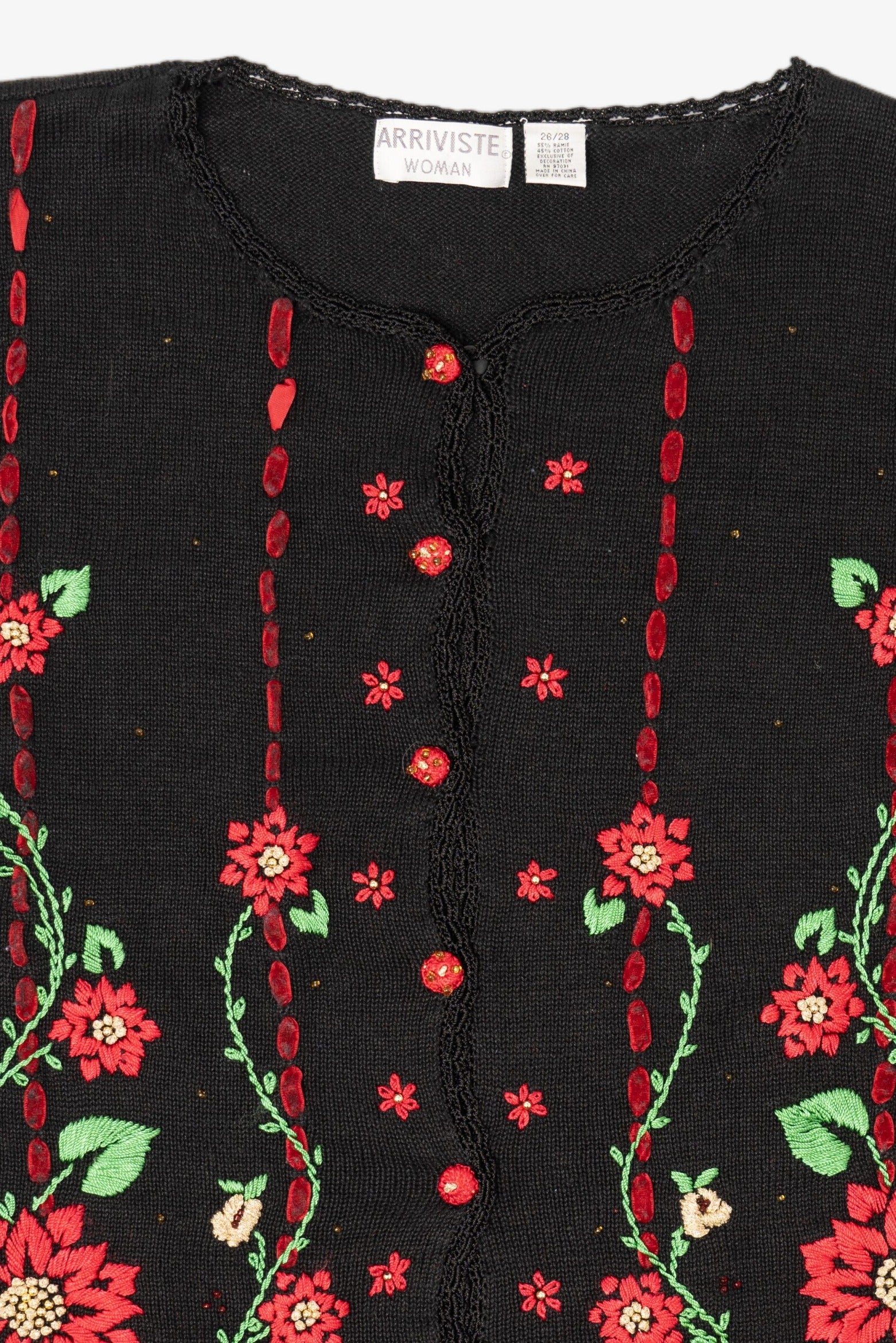 Vintage Black Arriviste Poinsettias Ugly Christmas Cardigan (1990s)