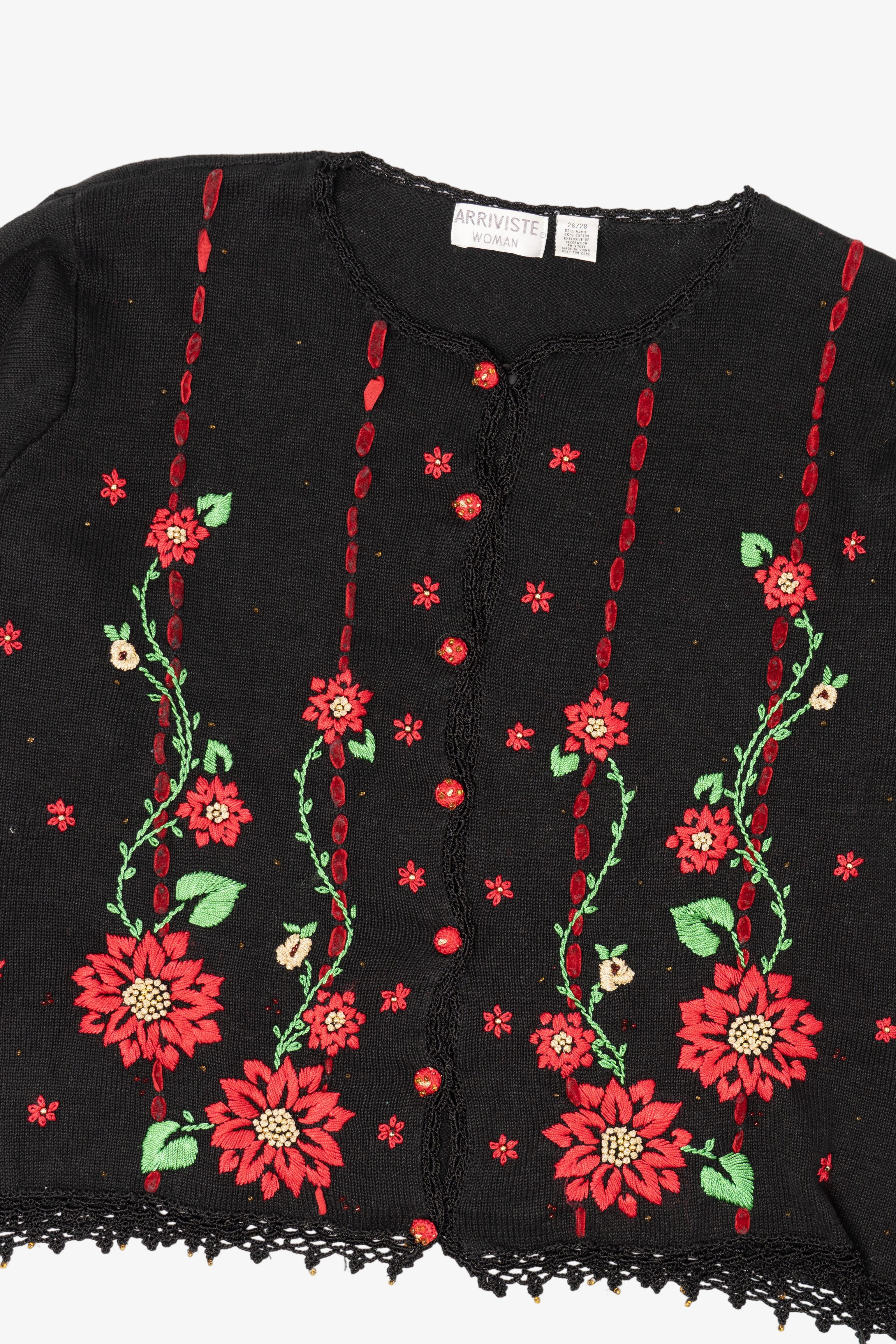 Vintage Black Arriviste Poinsettias Ugly Christmas Cardigan (1990s)