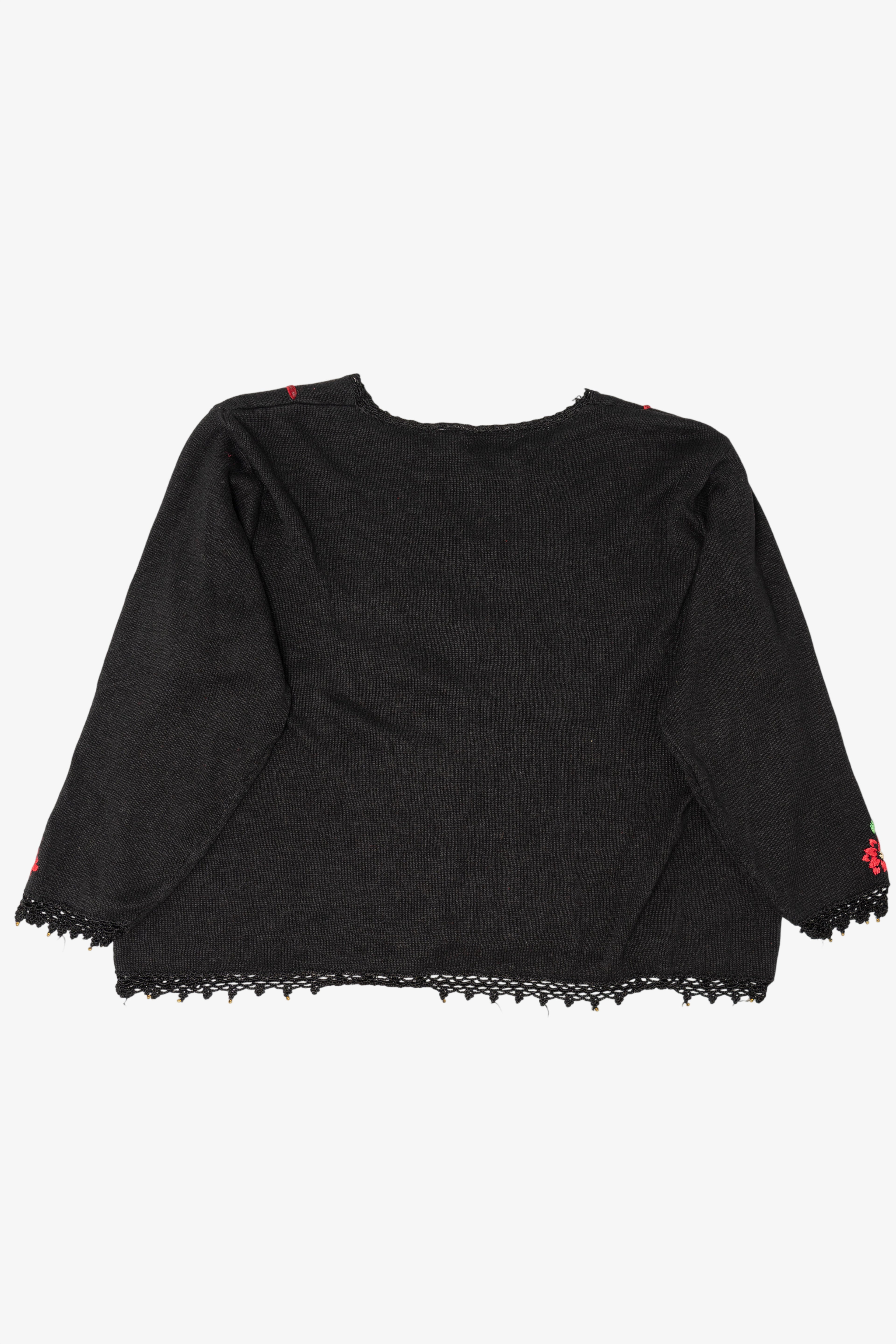 Vintage Black Arriviste Poinsettias Ugly Christmas Cardigan (1990s)