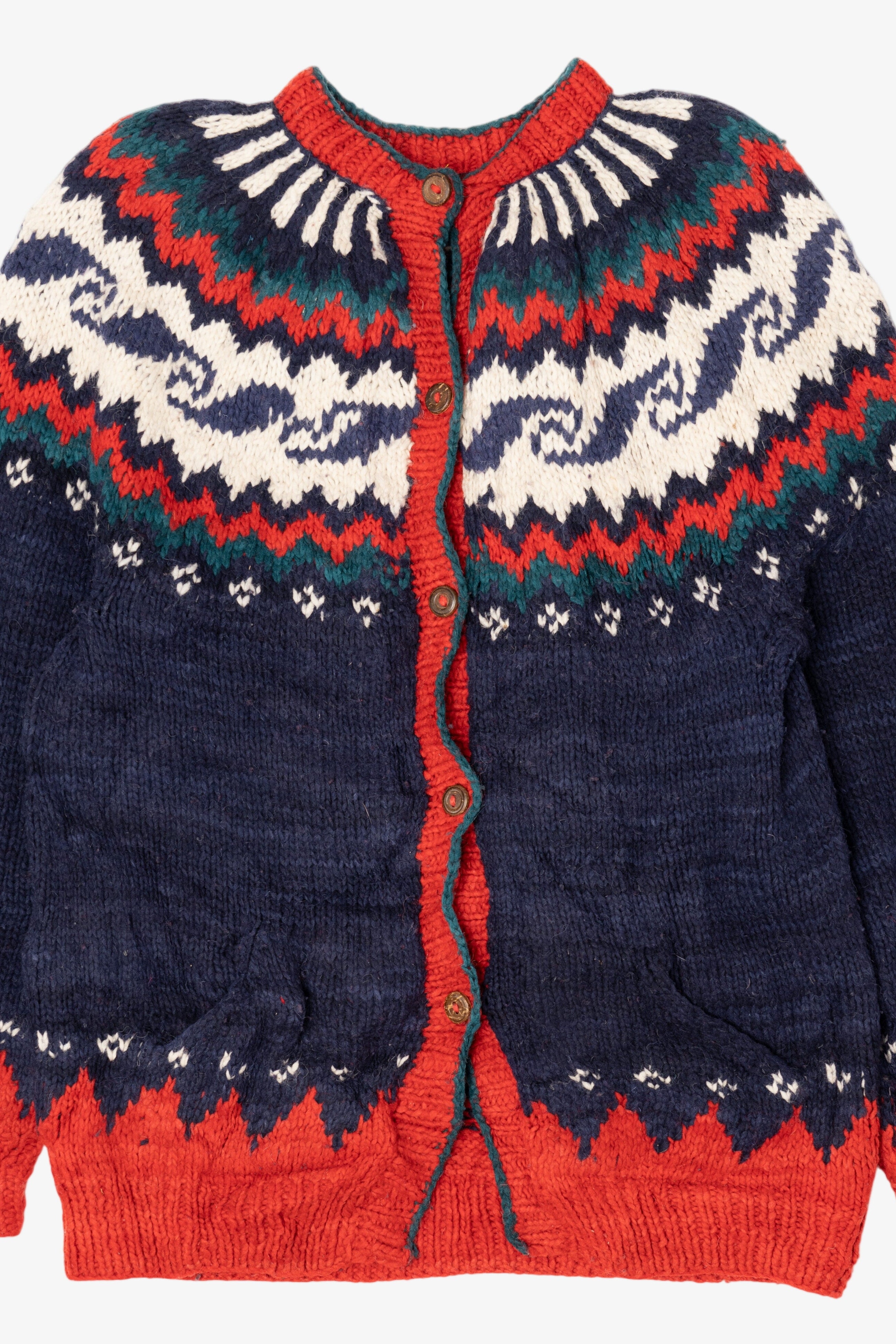 Vintage Red And Navy Blue Rey Wear Fair Isle Cardigan (1990s)