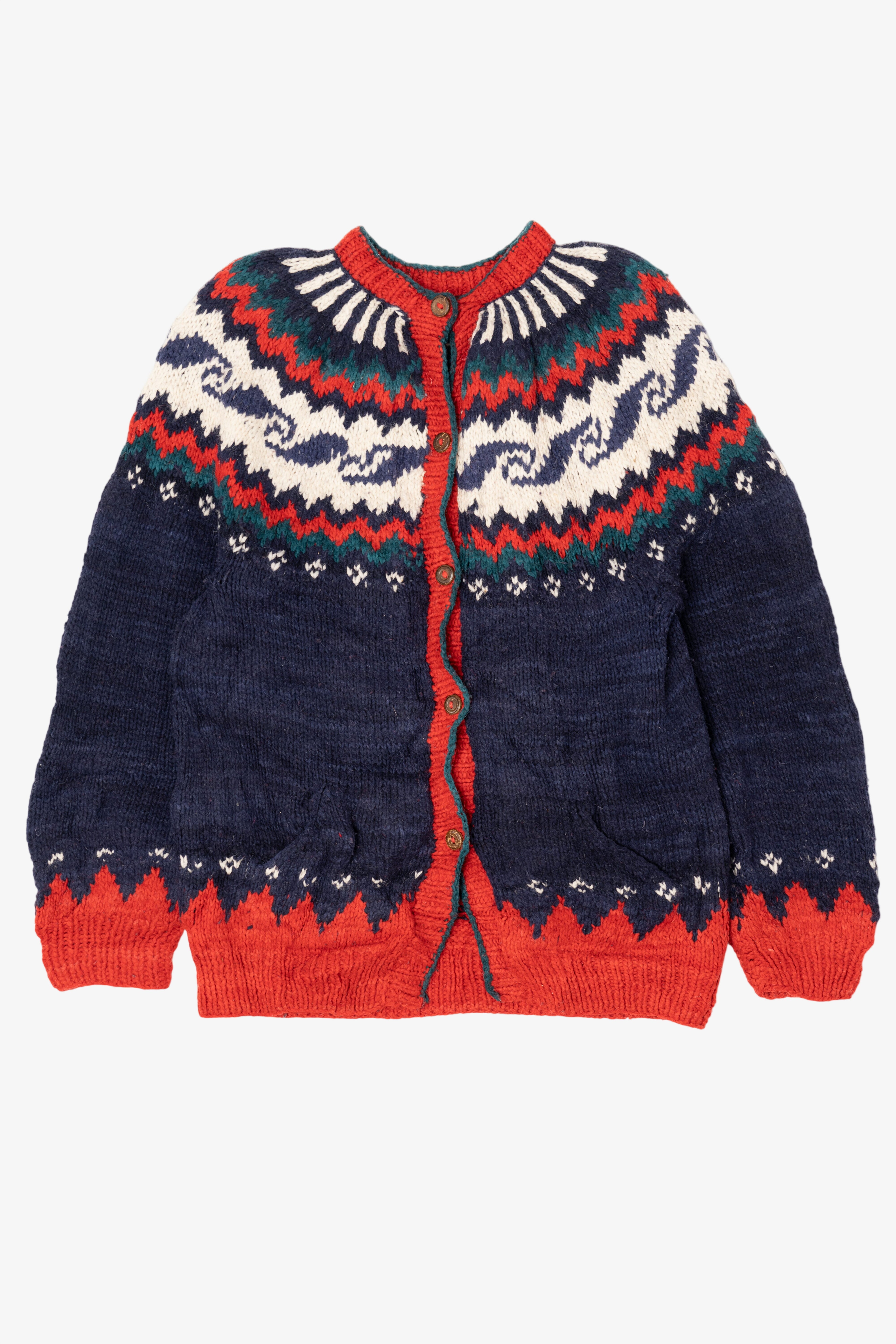 Vintage Red And Navy Blue Rey Wear Fair Isle Cardigan (1990s)