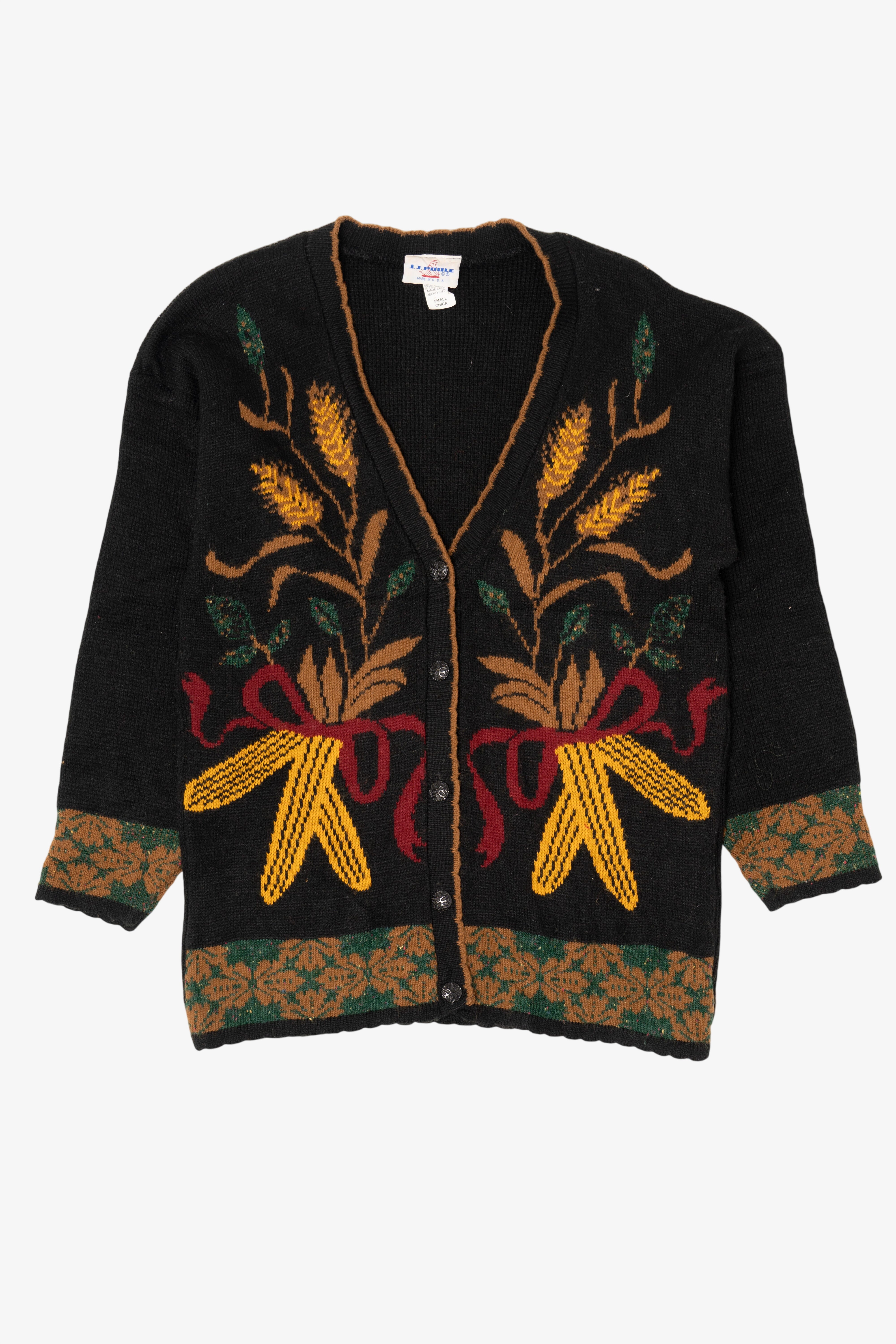 Vintage Black J.J. Poole Corn Autumn Harvest Cardigan (1980s