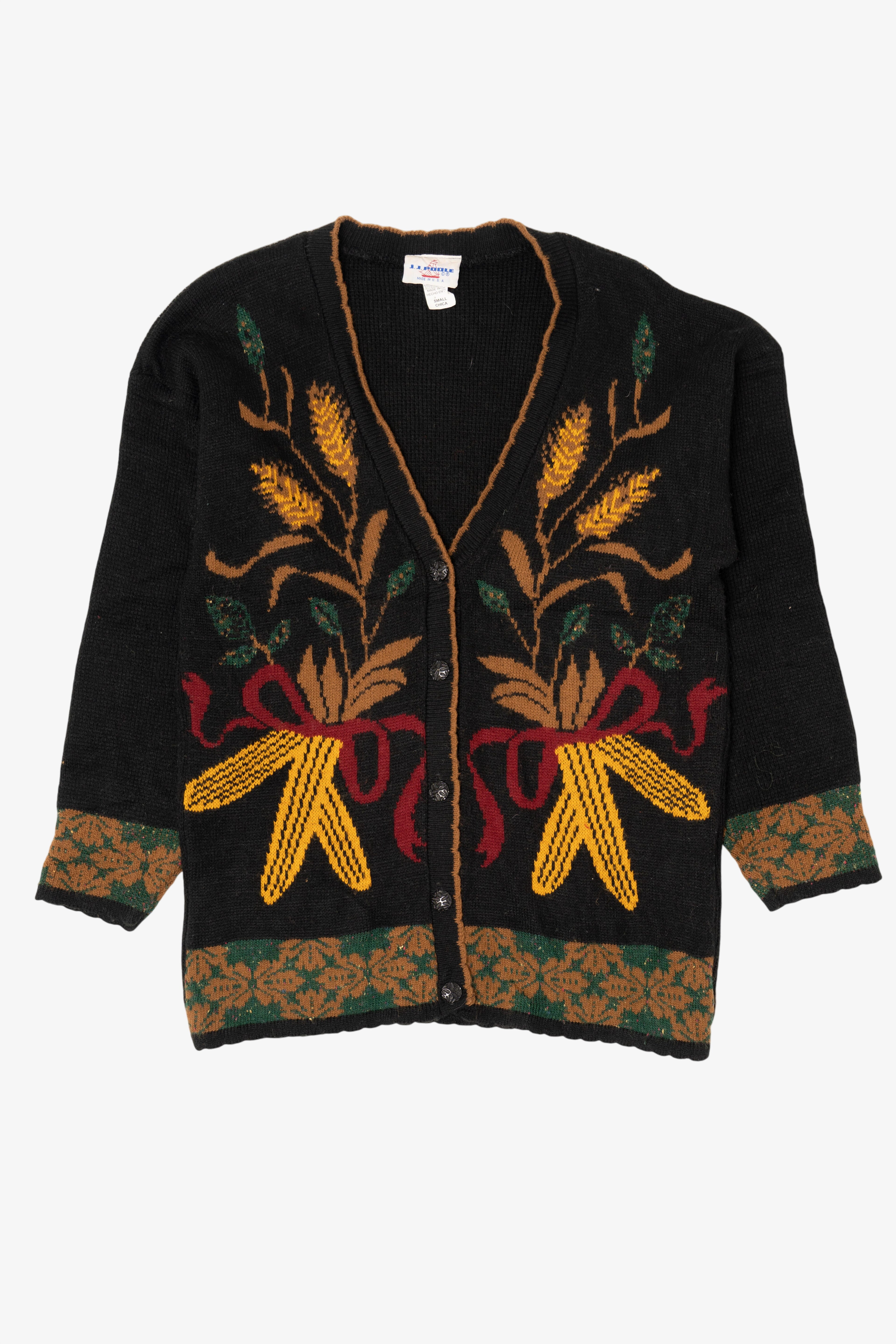 Vintage Black J.J. Poole Corn Autumn Harvest Cardigan (1980s)