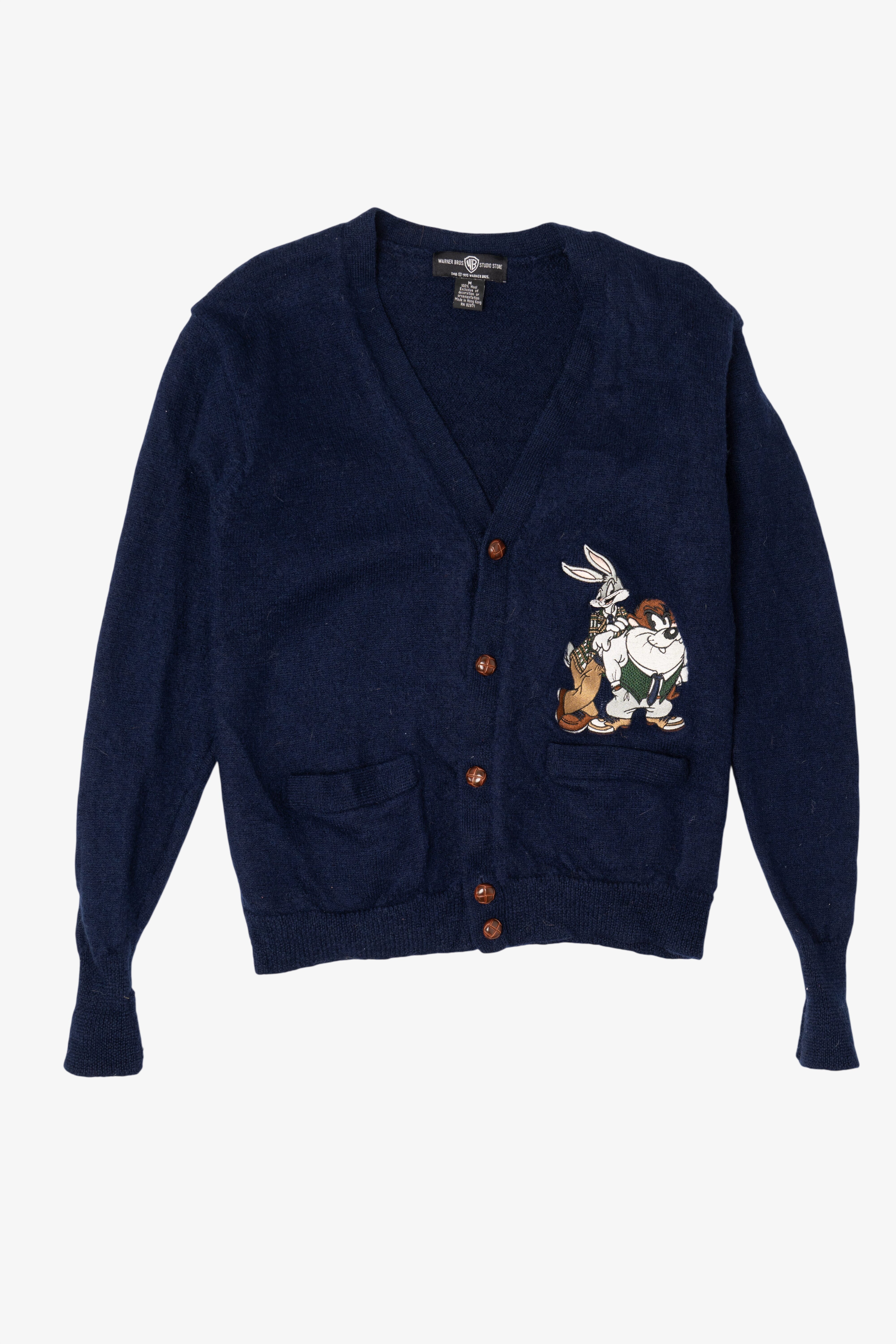 Vintage Navy Blue Looney Tunes Bugs And Taz Cardigan Sweater (1990s)