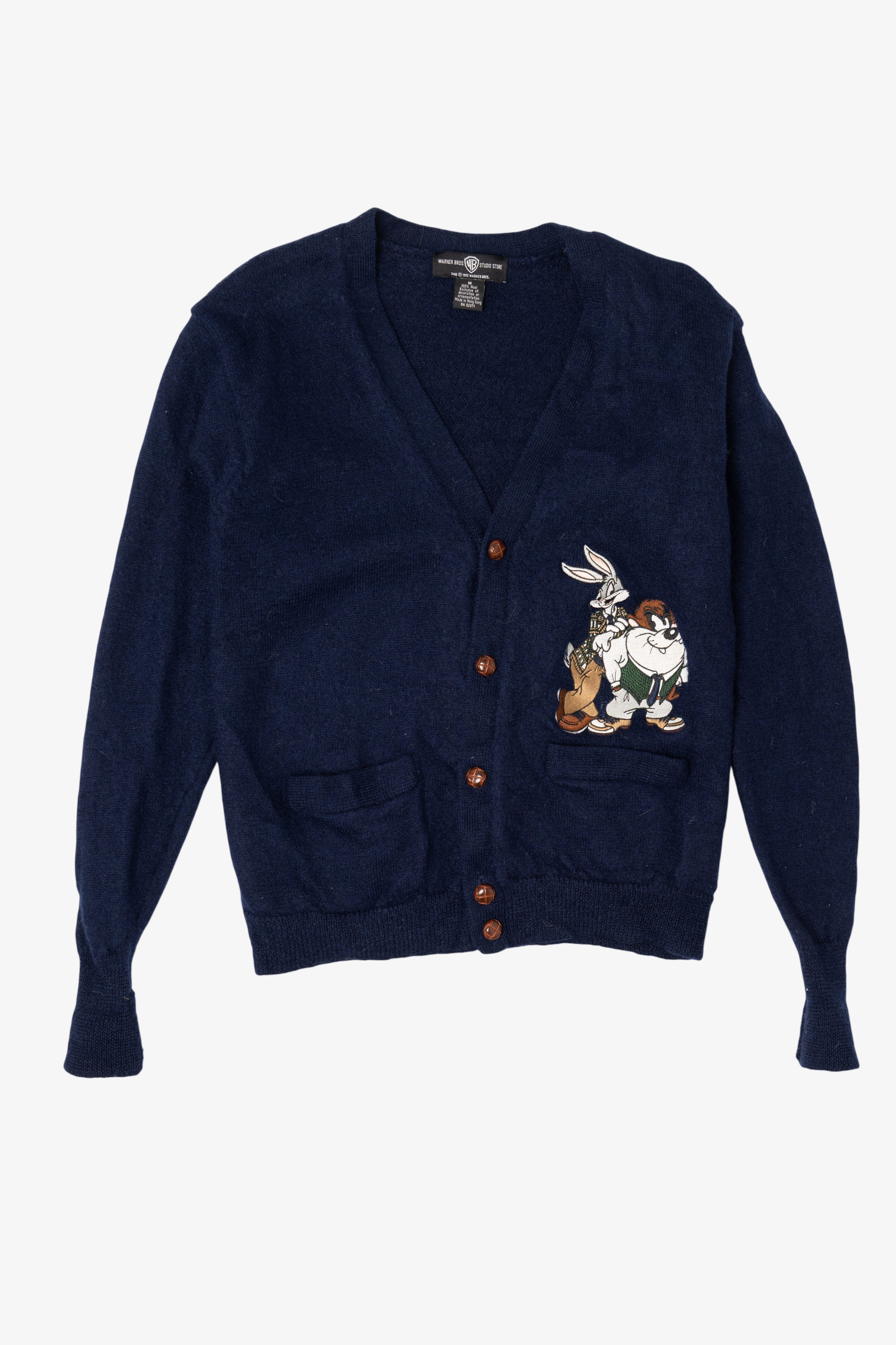 Vintage Navy Blue Looney Tunes Bugs And Taz Cardigan Sweater (1990s)