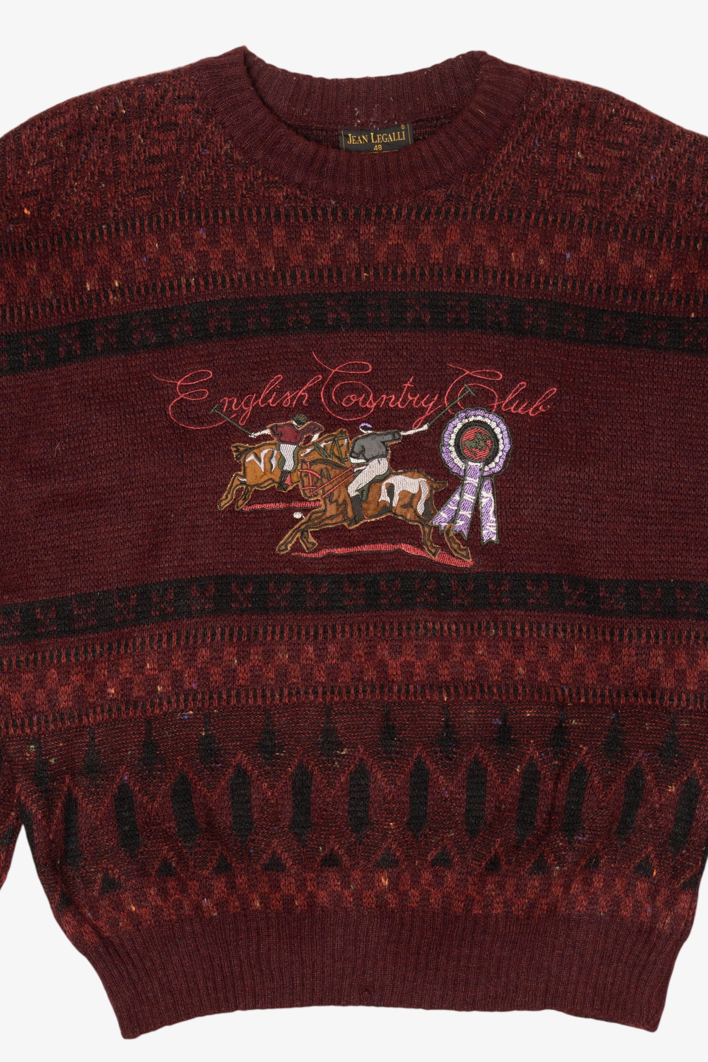 Vintage Burgundy "English Country Club" Jean Legalli Embroidered Sweater (1990s)