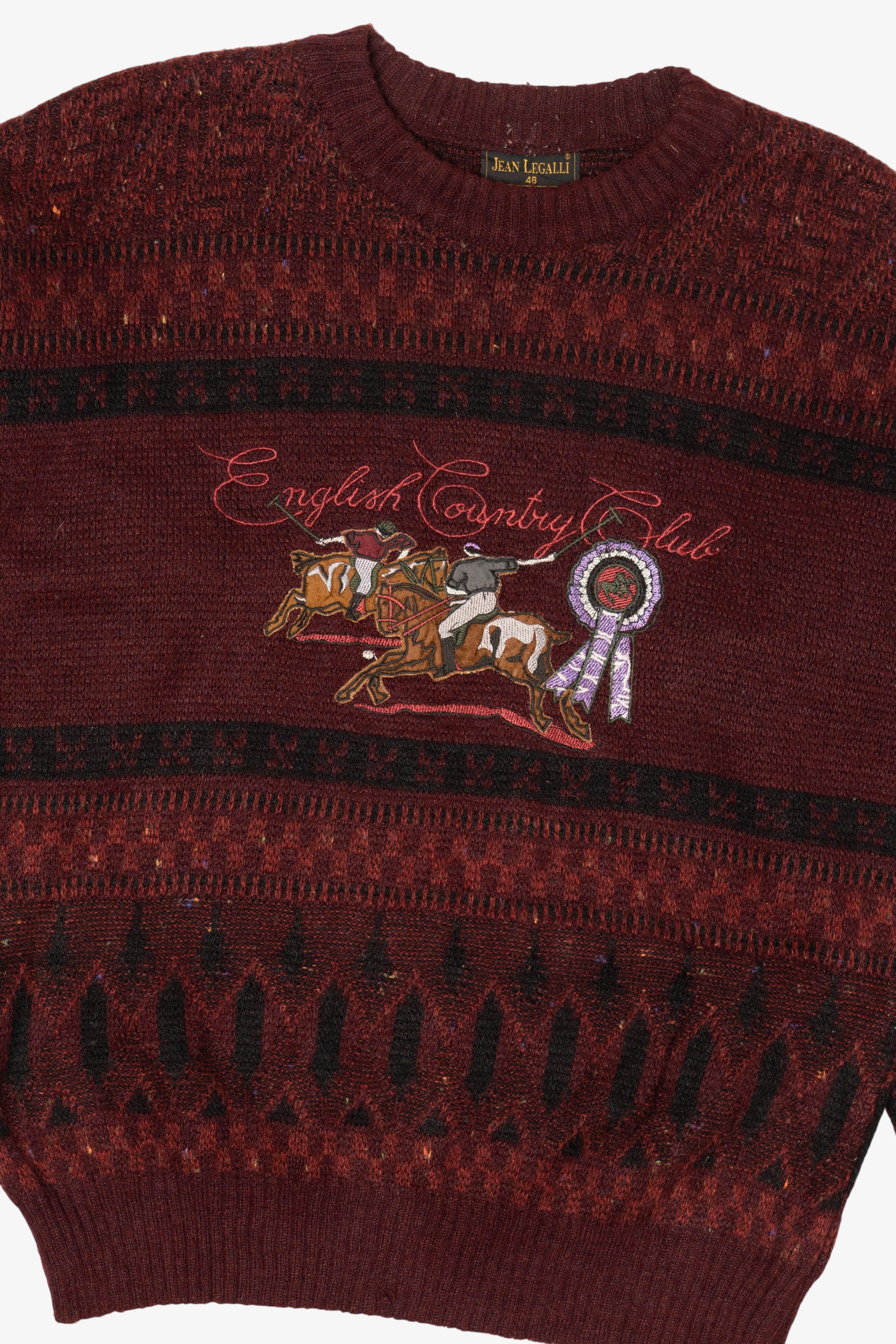 Vintage Burgundy "English Country Club" Jean Legalli Embroidered Sweater (1990s)