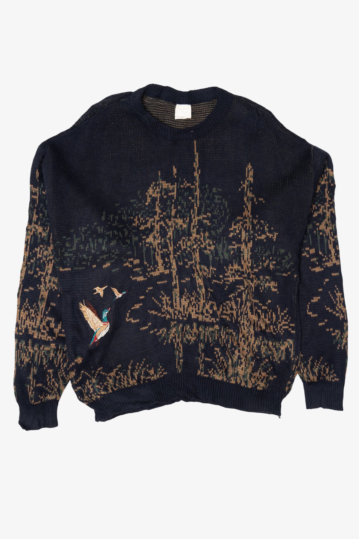 Vintage Embroidered Navy Blue Mallard Ducks Field Sweater (1990s)