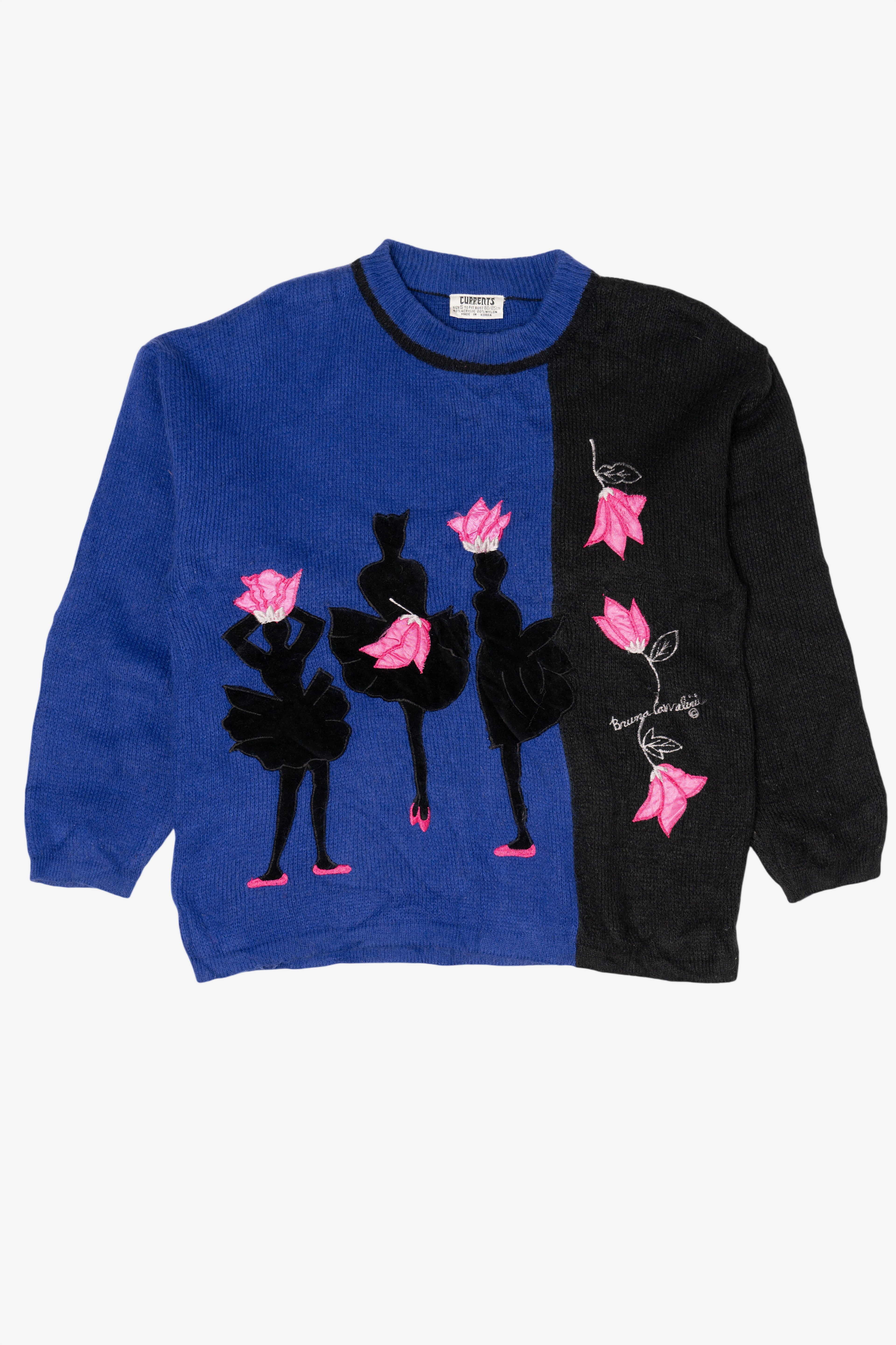 Vintage Blue Currents Ballerina Flower Petals Sweater (1980s)