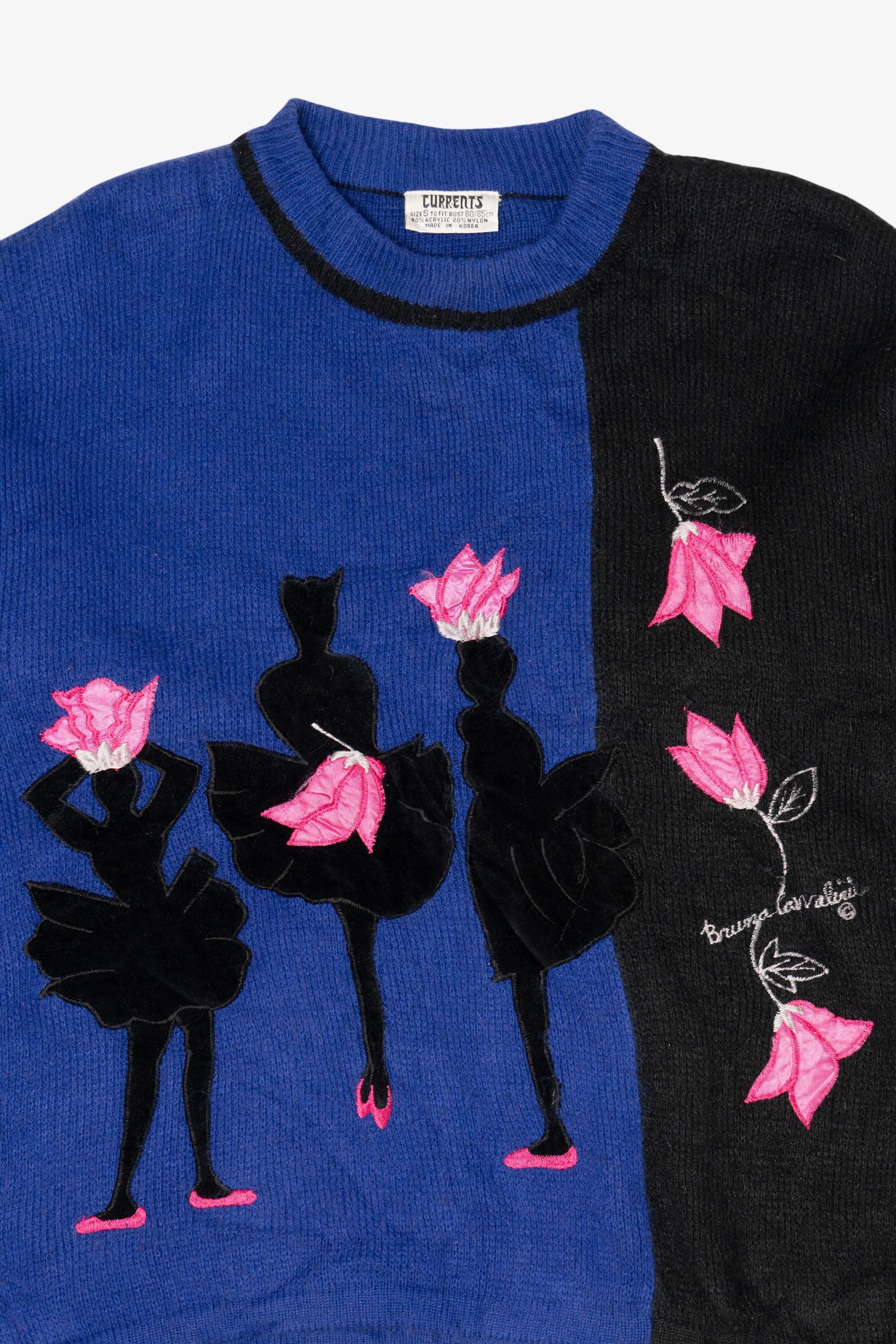 Vintage Blue Currents Ballerina Flower Petals Sweater (1980s)